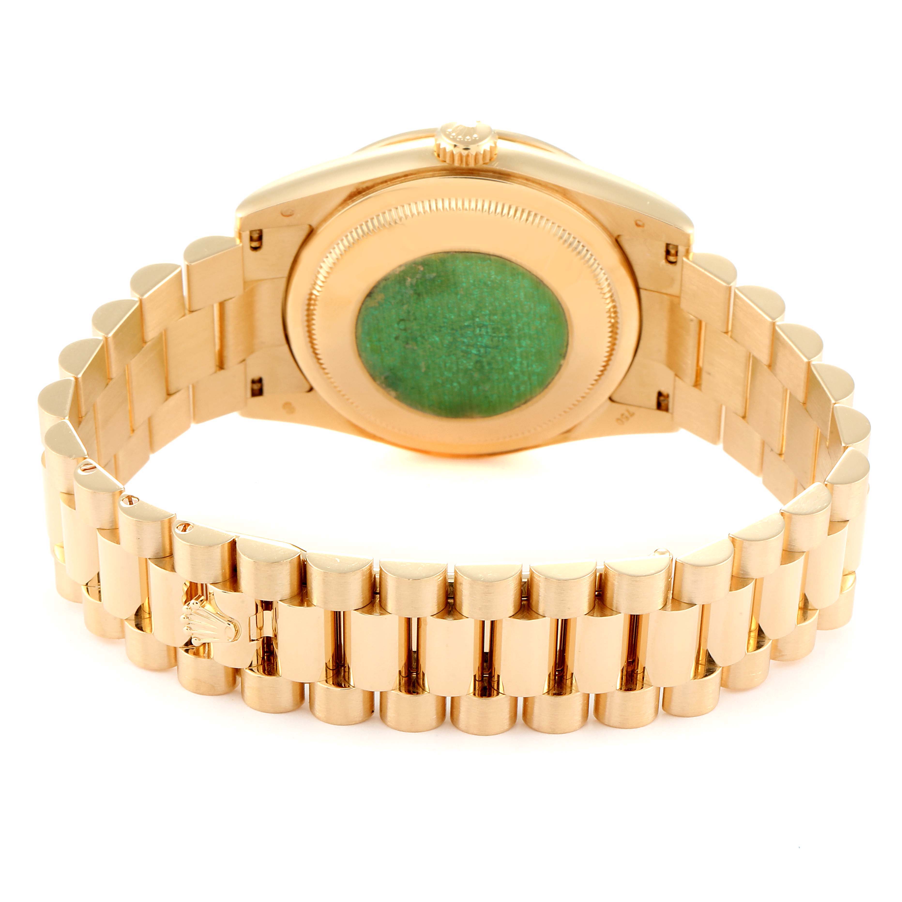This image shows the back of a Rolex President 118388 Men
s Yellow Gold Champagne Dial 118388 Men
s Yellow Gold Champagne Dial model watch, highlighting the case back, crown, and bracelet.
