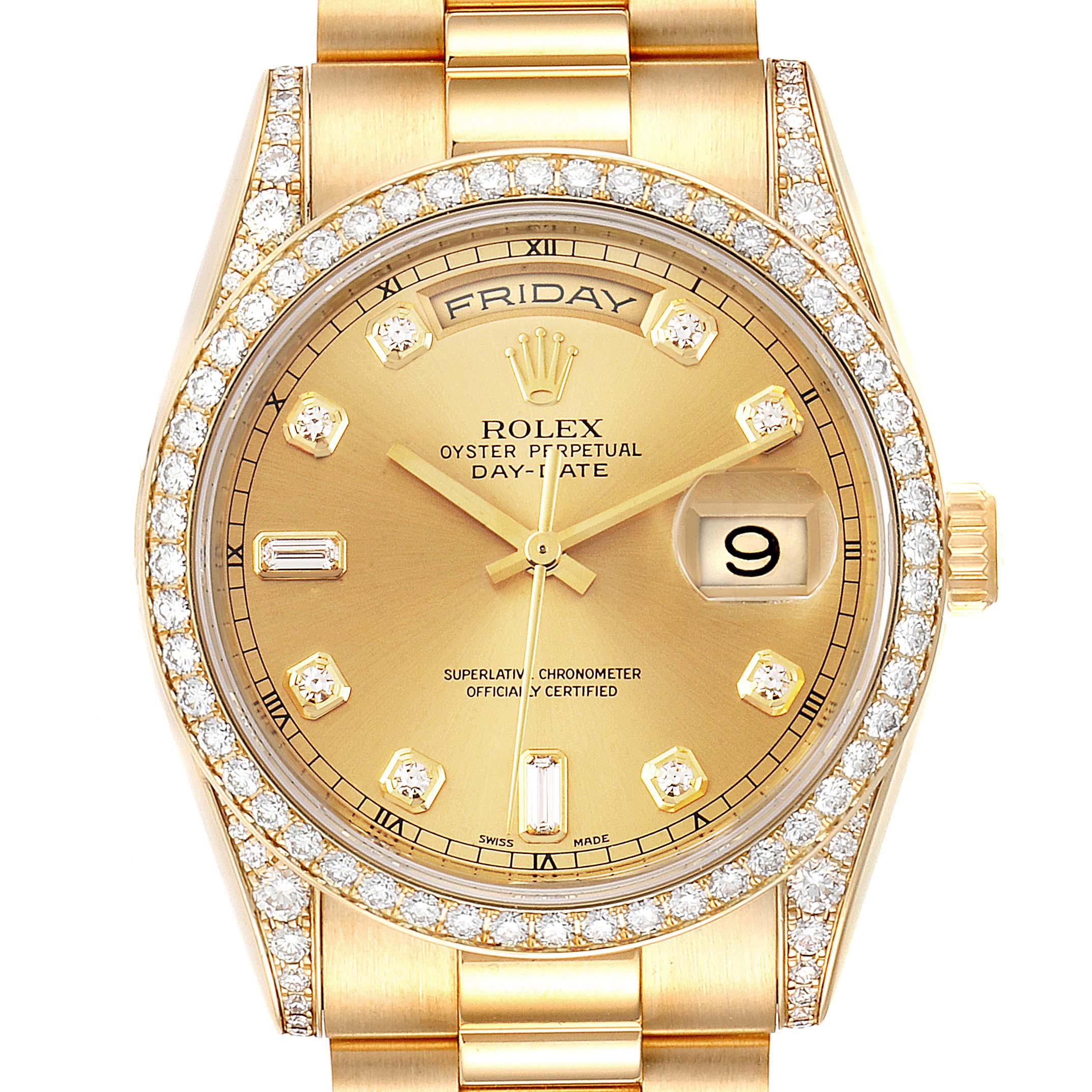 This is a close-up of the Rolex President 118388 Men
s Yellow Gold Champagne Dial 118388 Men
s Yellow Gold Champagne Dial model watch, showing the dial, bezel with diamonds, day, and date.