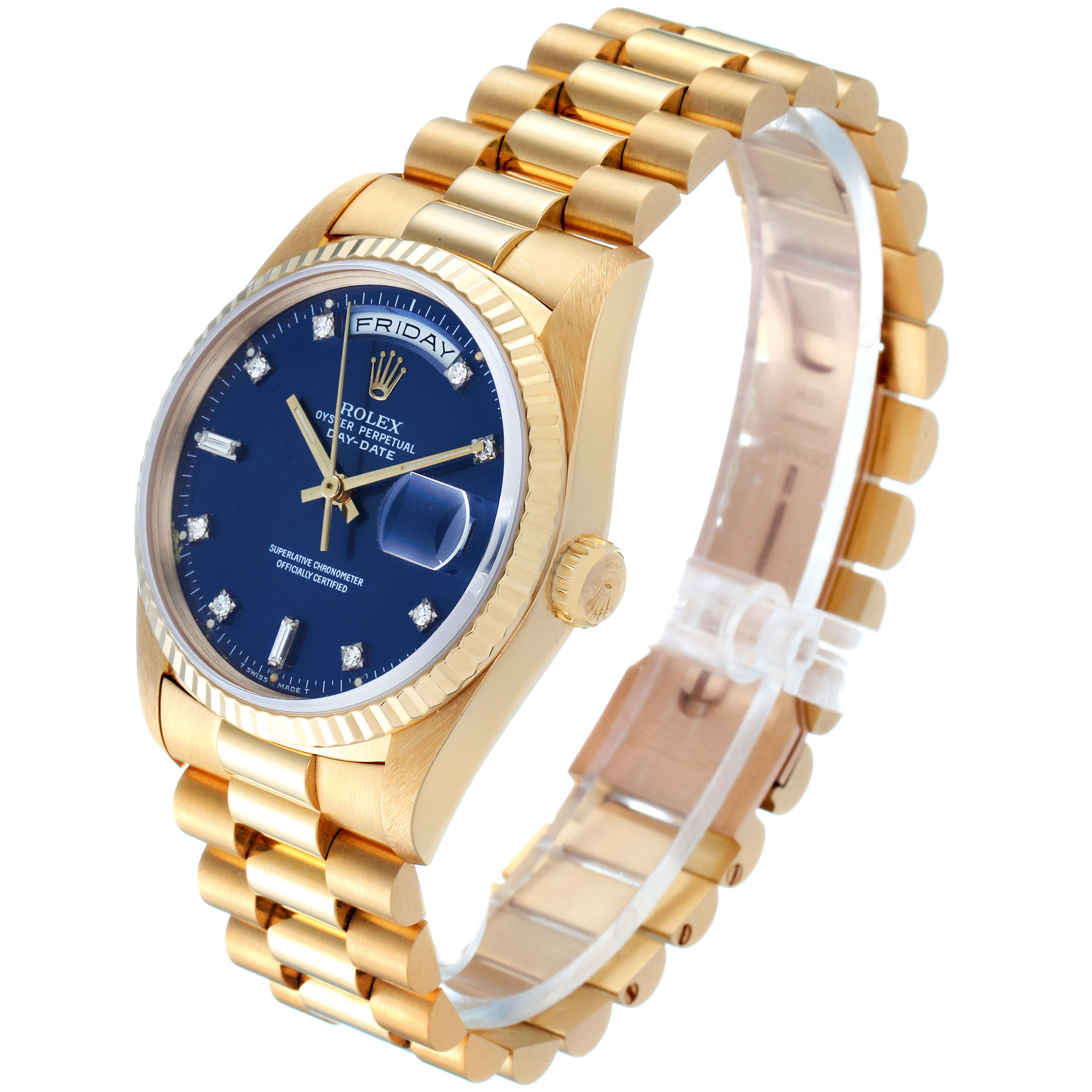The image shows a Rolex President 18238 Men's Yellow Gold Blue Dial 18238 Men's Yellow Gold Blue Dial model from an angled front view, highlighting the dial, bezel, crown, and bracelet.