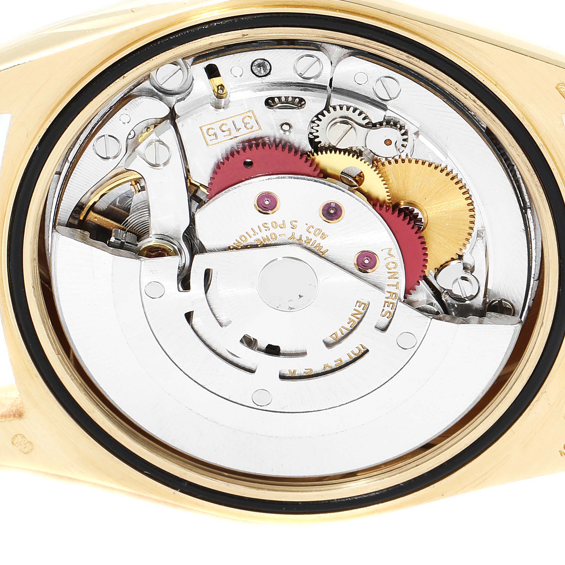 This image shows the internal movement and components of the Rolex President 18238 Men's Yellow Gold Blue Dial 18238 Men's Yellow Gold Blue Dial model watch from a close-up angle.