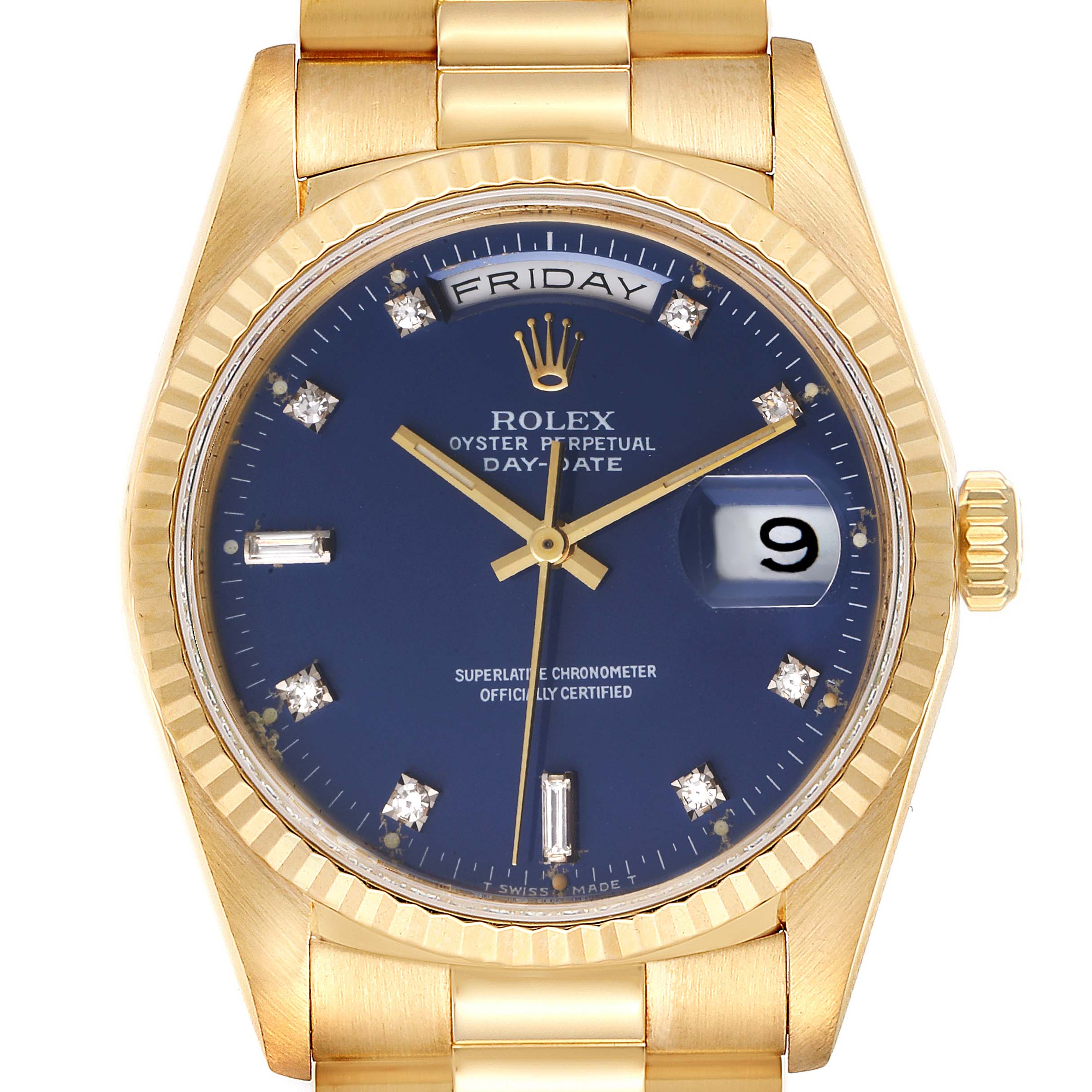 This image shows a front view of a Rolex President 18238 Men's Yellow Gold Blue Dial 18238 Men's Yellow Gold Blue Dial Day-Date watch with a gold bracelet and a blue dial.