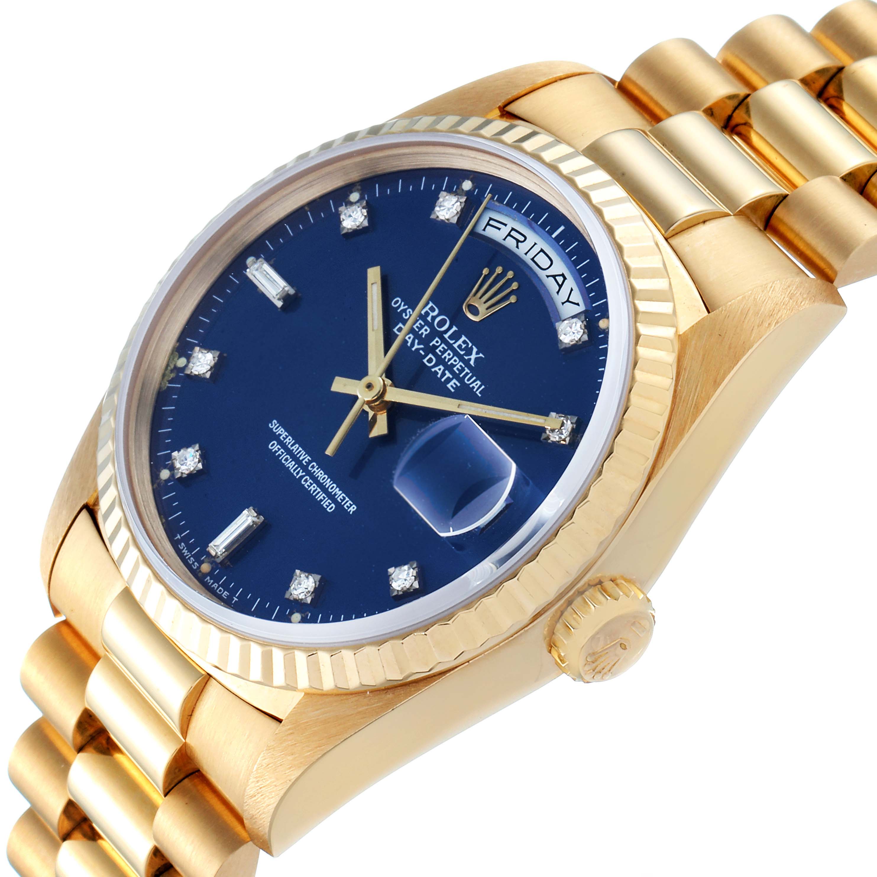 The image shows a President model Rolex watch viewed at an angle displaying the dial, bezel, crown, and part of the bracelet.