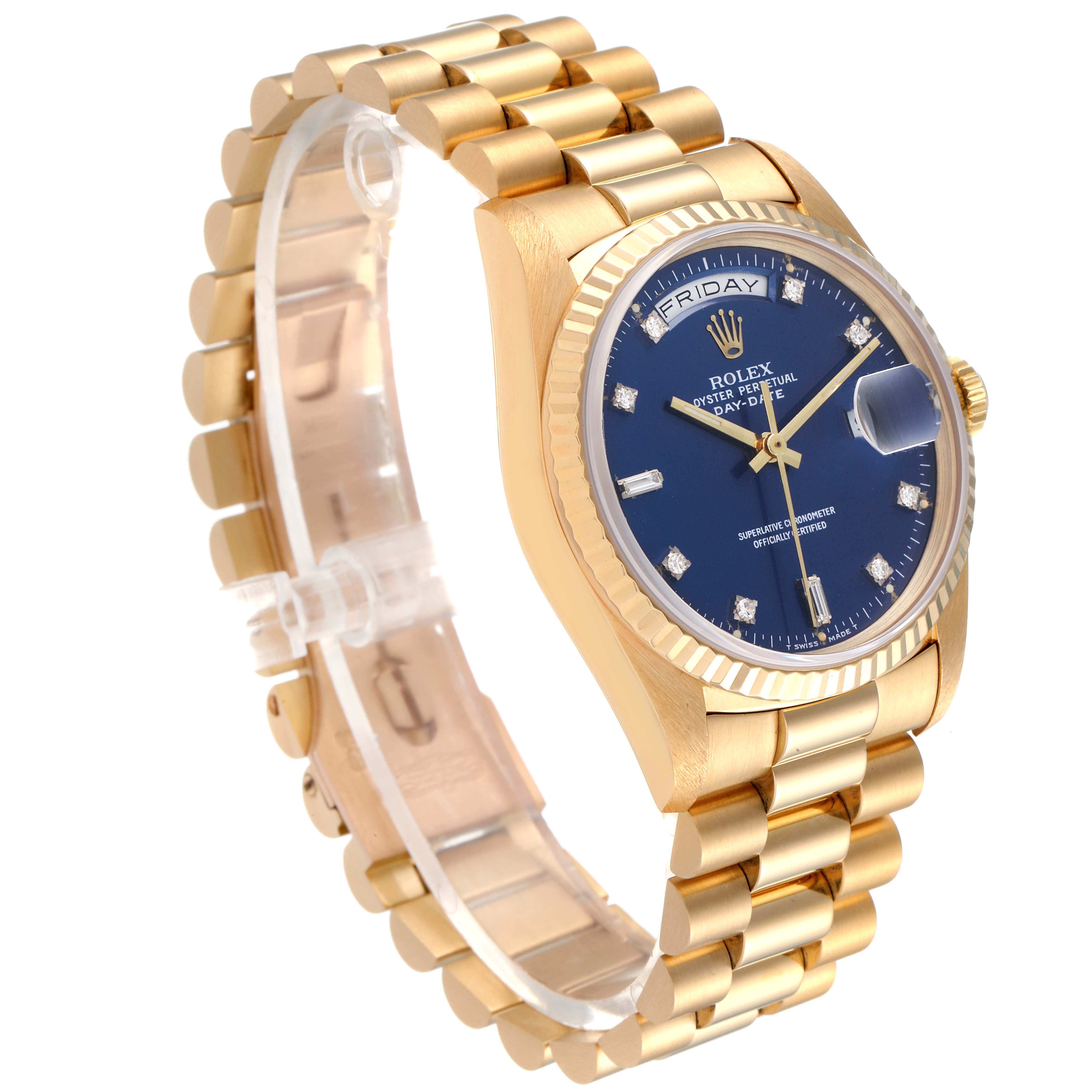 The image shows a side angle of a Rolex President 18238 Men's Yellow Gold Blue Dial 18238 Men's Yellow Gold Blue Dial model watch, featuring the bracelet, bezel, dial, and attached magnified date display.