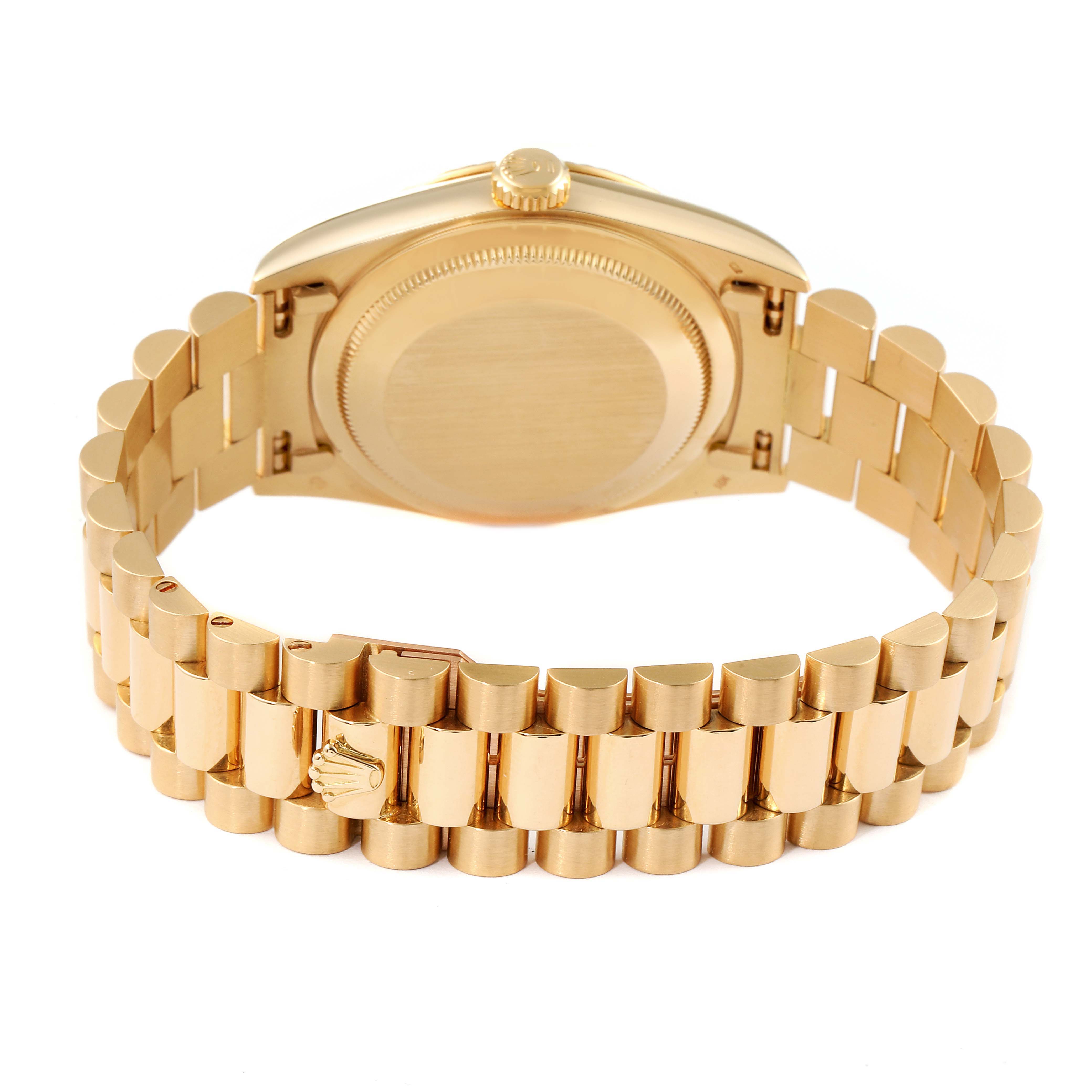 This image shows the back view of a Rolex President 18238 Men's Yellow Gold Blue Dial 18238 Men's Yellow Gold Blue Dial model, focusing on the case back and the gold bracelet.