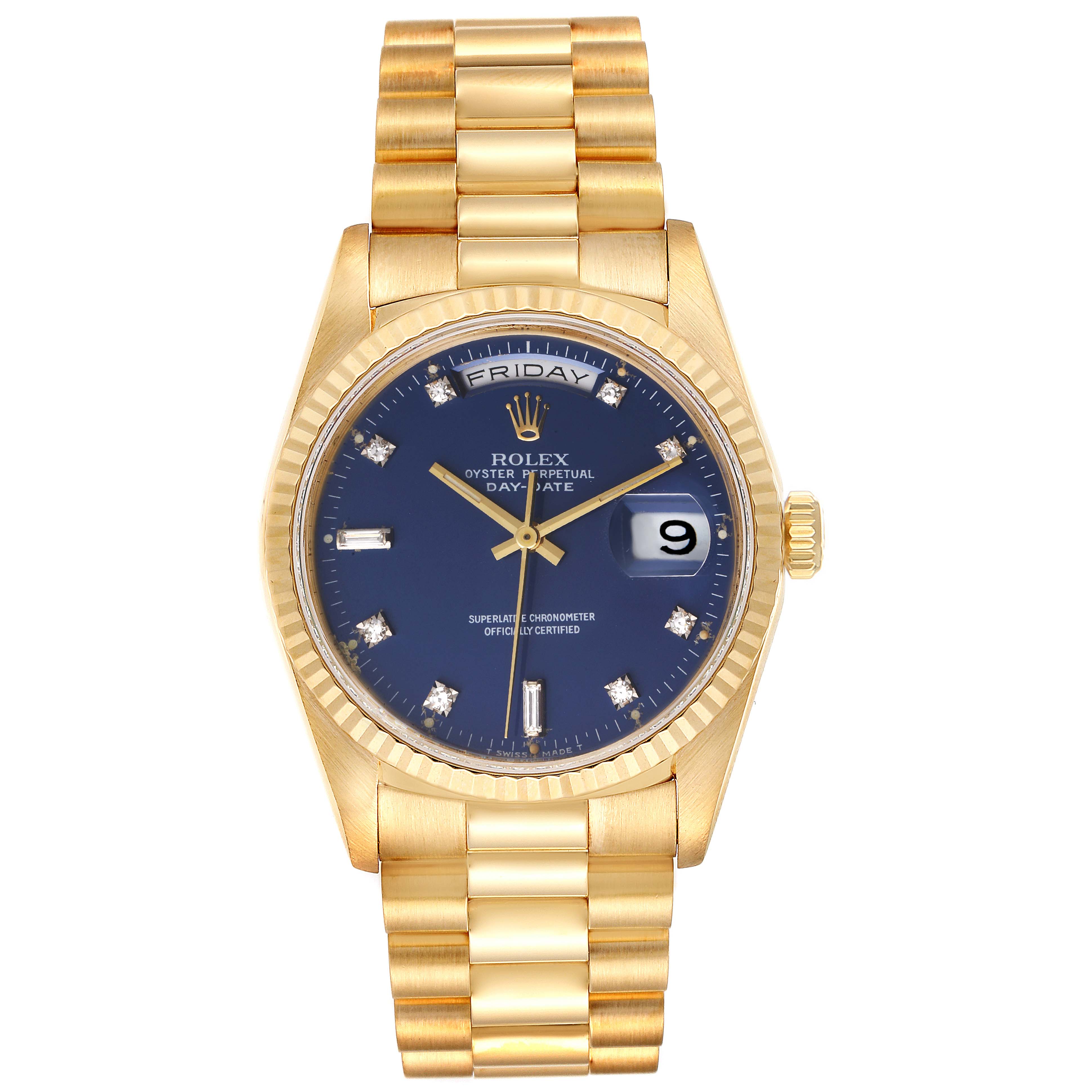 This image shows a Rolex President 18238 Men's Yellow Gold Blue Dial 18238 Men's Yellow Gold Blue Dial model watch from the front, displaying its blue dial, gold case, and bracelet.