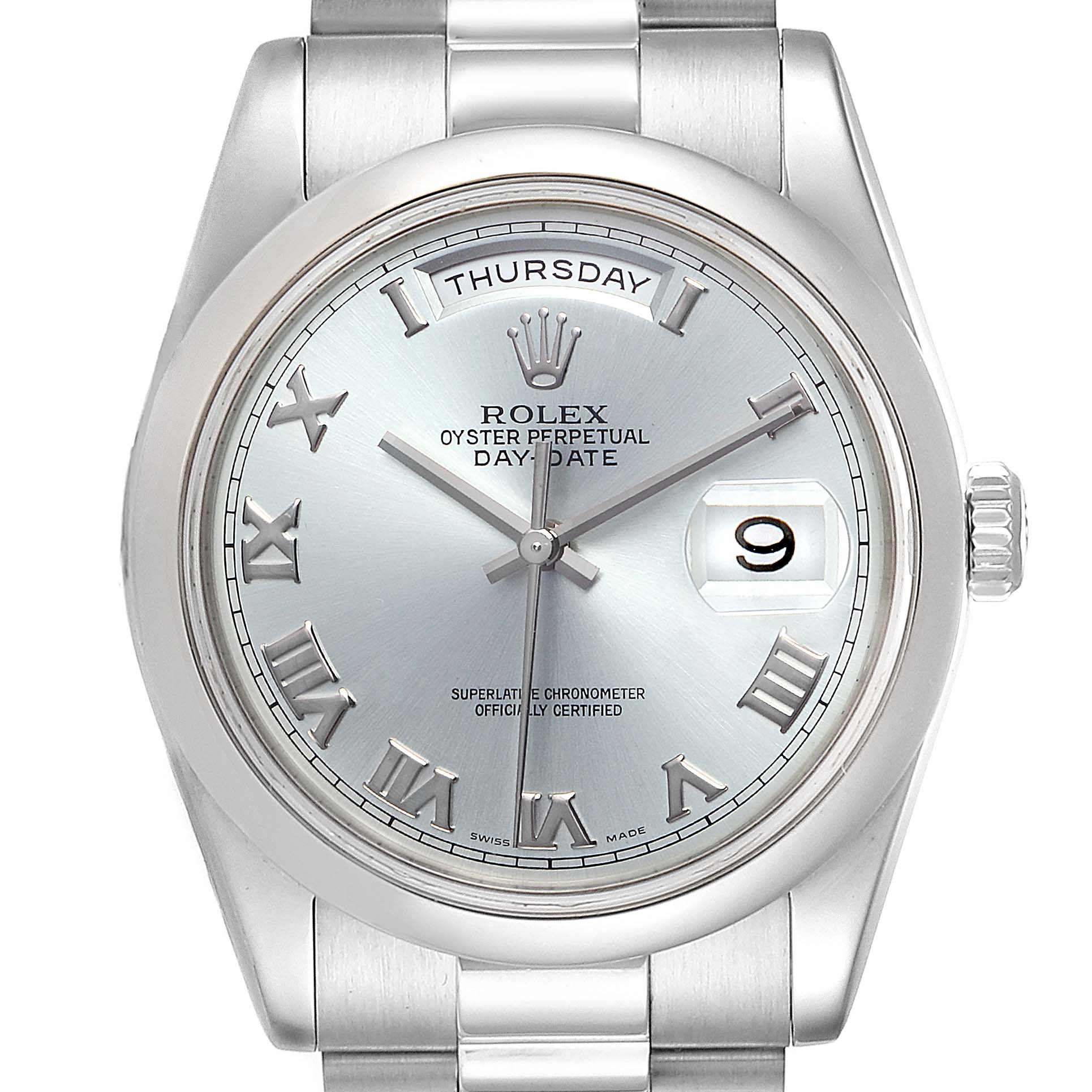 The image shows a frontal view of the Rolex President 118206 Men's Platinum Blue Dial 118206 Men's Platinum Blue Dial Day-Date watch displaying the dial, hands, bezel, and part of the bracelet.