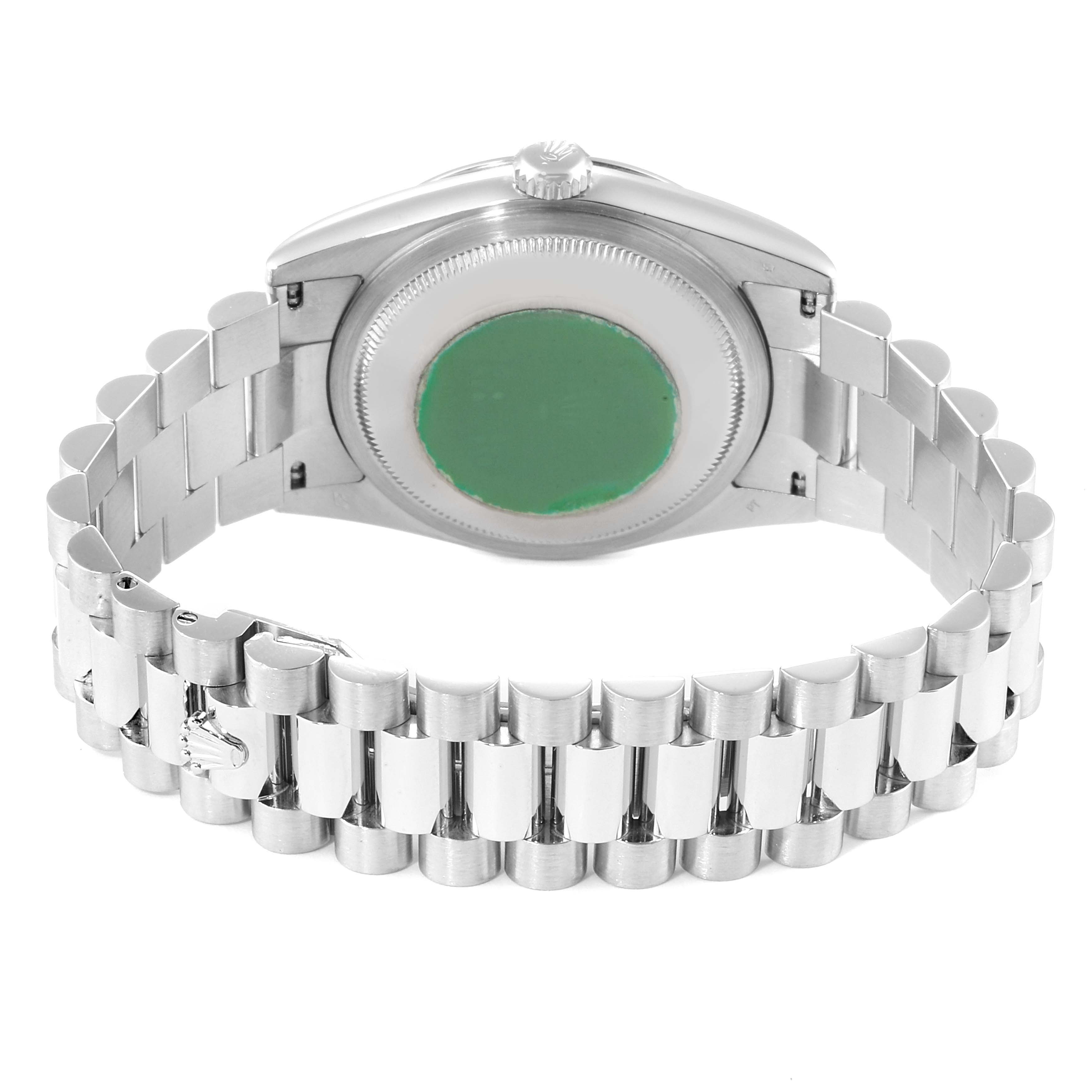 This image shows the back view of a Rolex President 118206 Men's Platinum Blue Dial 118206 Men's Platinum Blue Dial model watch, highlighting the case back and bracelet.