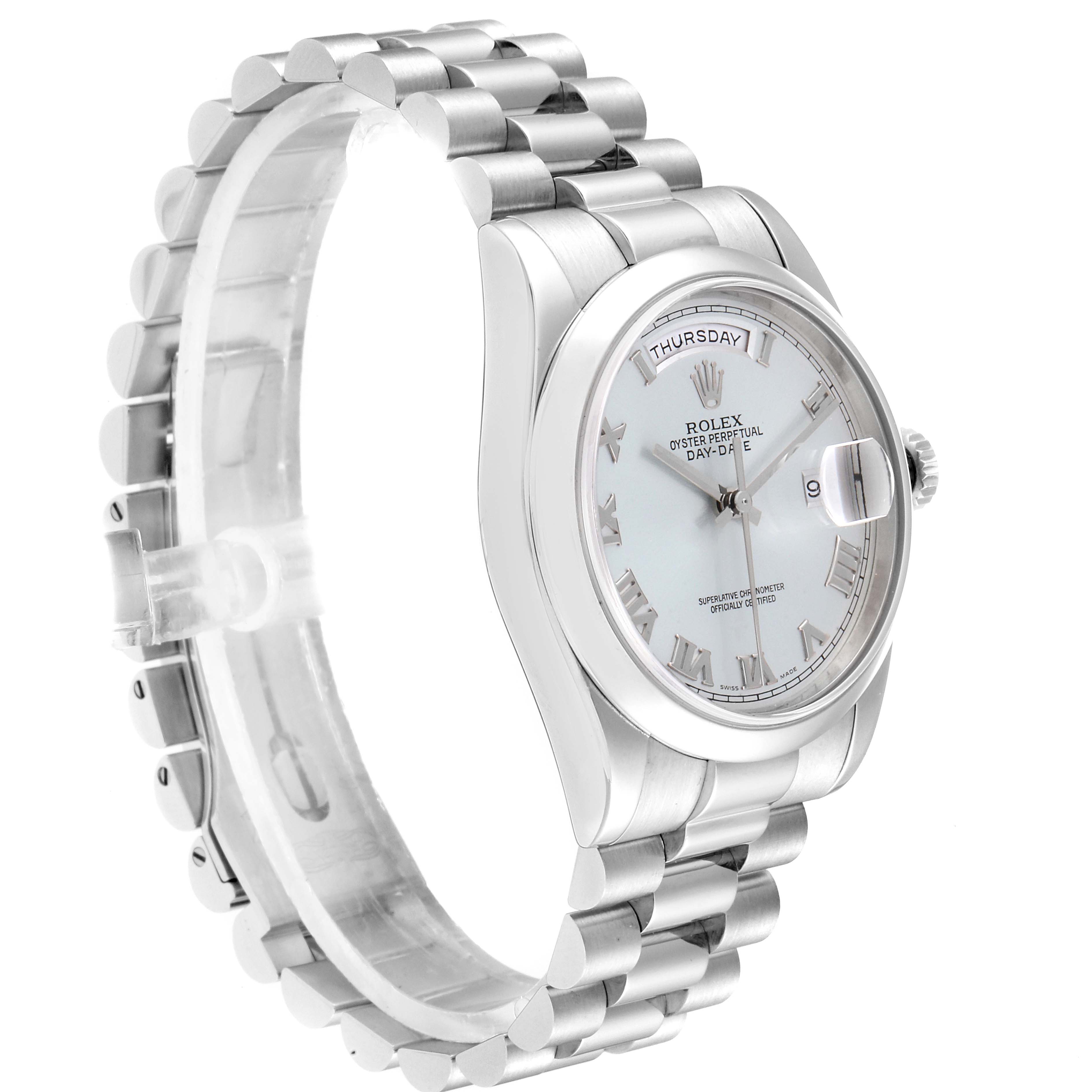 The image shows a Rolex President 118206 Men's Platinum Blue Dial 118206 Men's Platinum Blue Dial model watch angled to display the face, band, and part of the clasp.