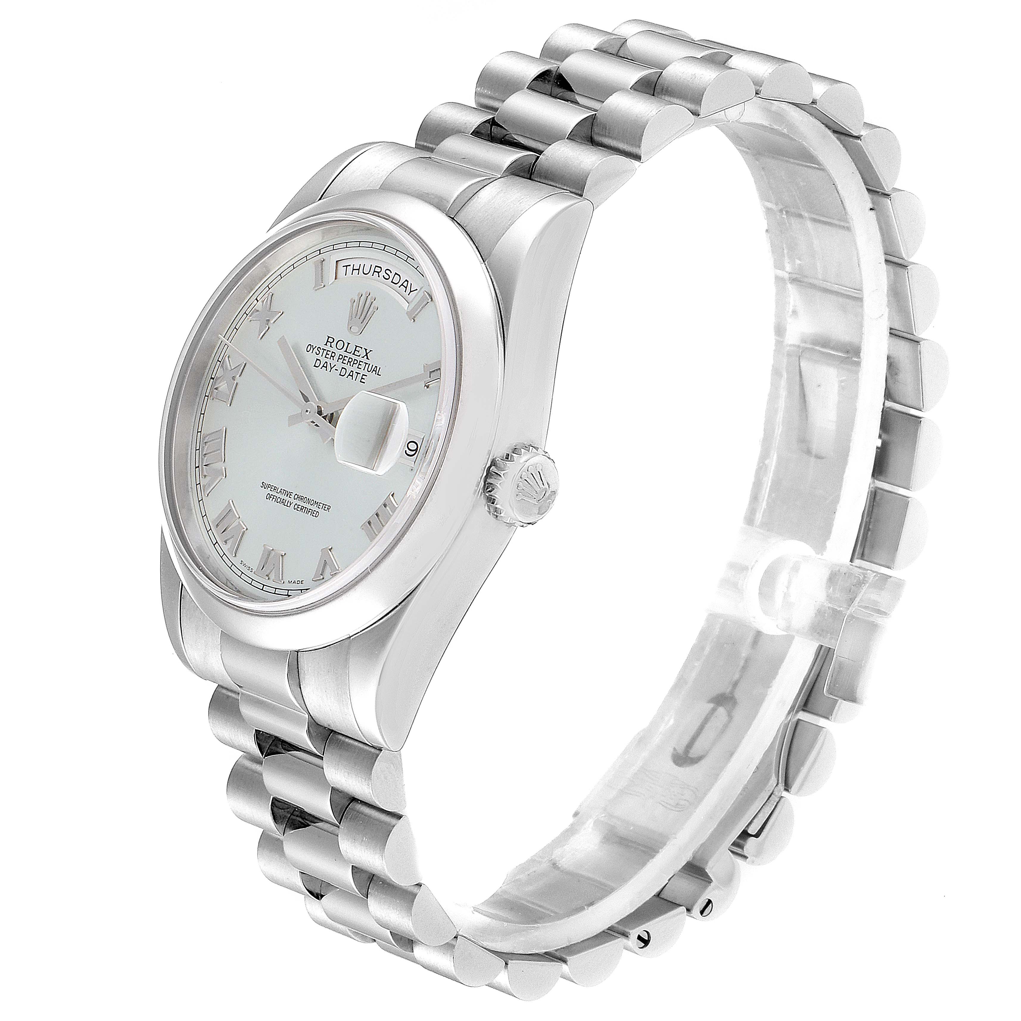 The image shows a side angle of a Rolex President 118206 Men's Platinum Blue Dial 118206 Men's Platinum Blue Dial model watch, highlighting the dial, bracelet, and crown.