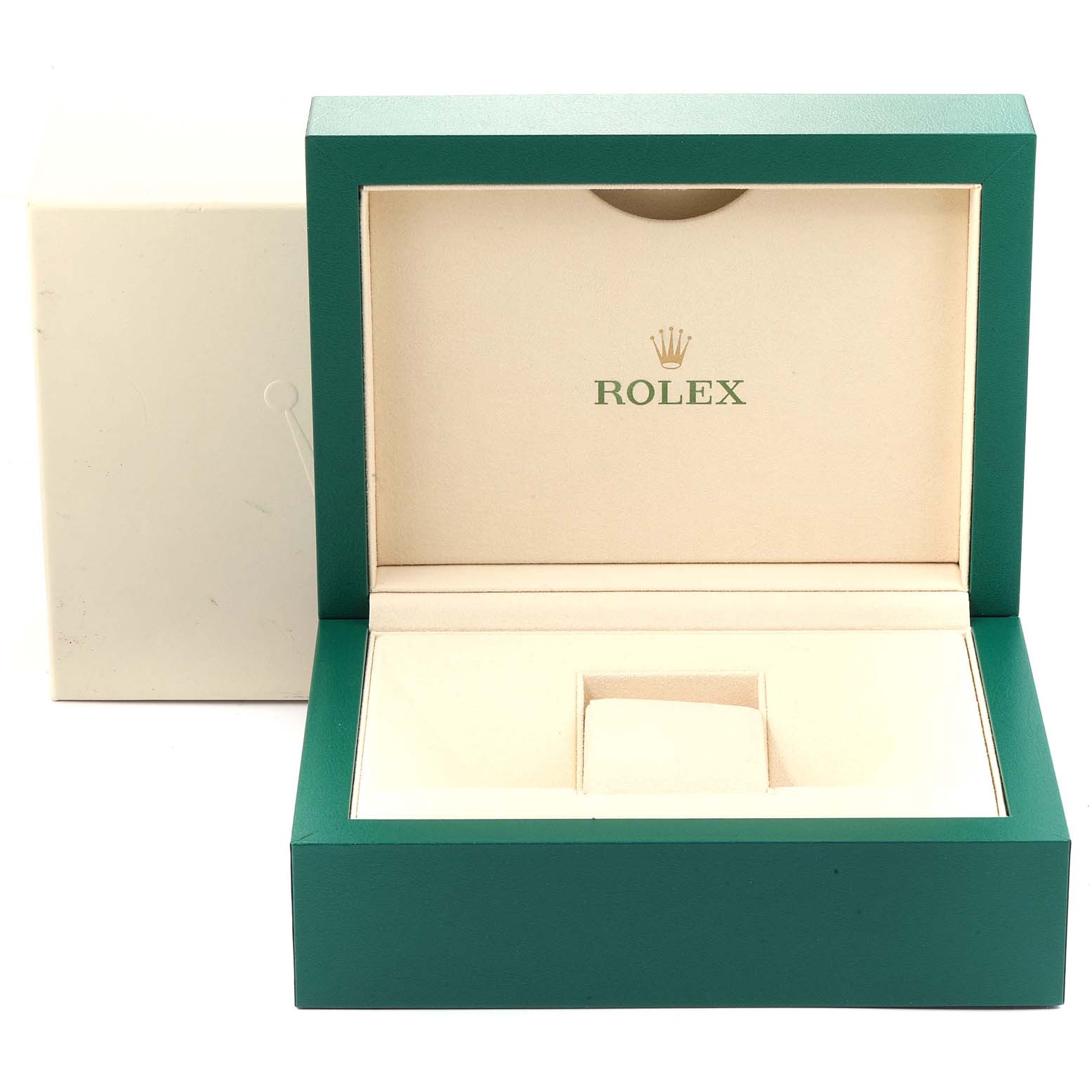 The image shows an open green and cream Rolex watch box for the President model, viewed from the front.