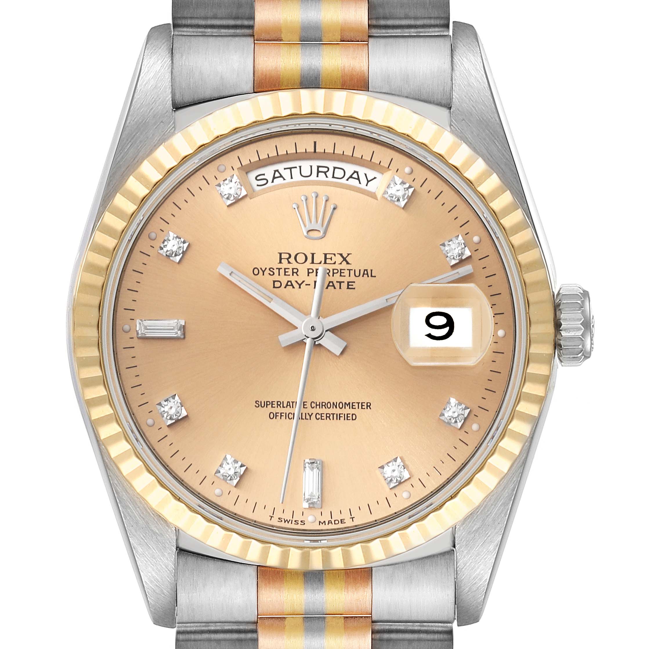 This image shows a front view of the Rolex President 18239 Men's Steel and Gold (two tone) Champagne Dial 18239 Men's Steel and Gold (two tone) Champagne Dial model watch, highlighting its dial, date display, and part of the bracelet.