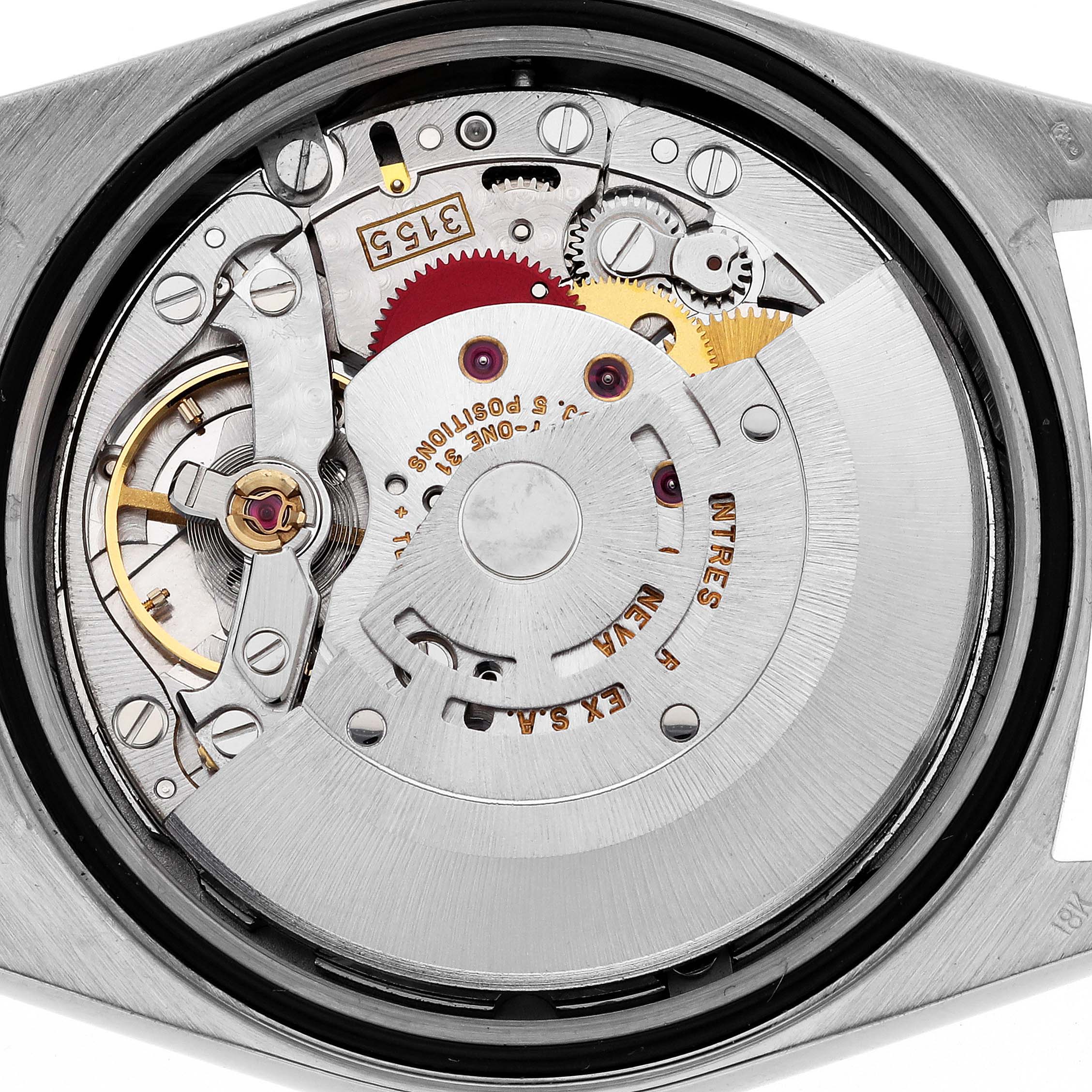 This image shows the internal mechanism of a Rolex President 18239 Men's Steel and Gold (two tone) Champagne Dial 18239 Men's Steel and Gold (two tone) Champagne Dial model watch viewed from the back, displaying the movement and gears.