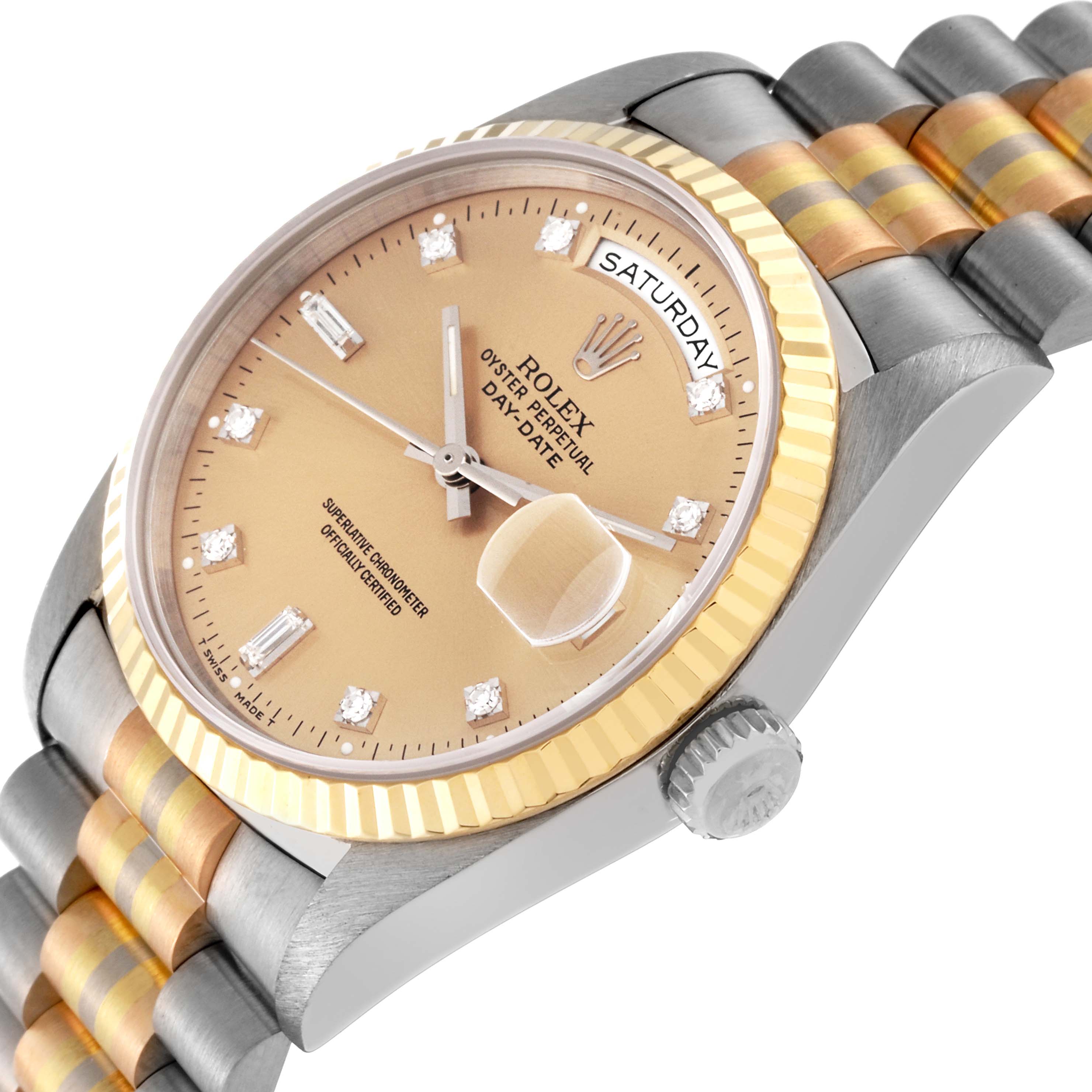 This image shows a side and partial top view of a Rolex President 18239 Men's Steel and Gold (two tone) Champagne Dial 18239 Men's Steel and Gold (two tone) Champagne Dial model watch, highlighting the dial, bezel, and bracelet.
