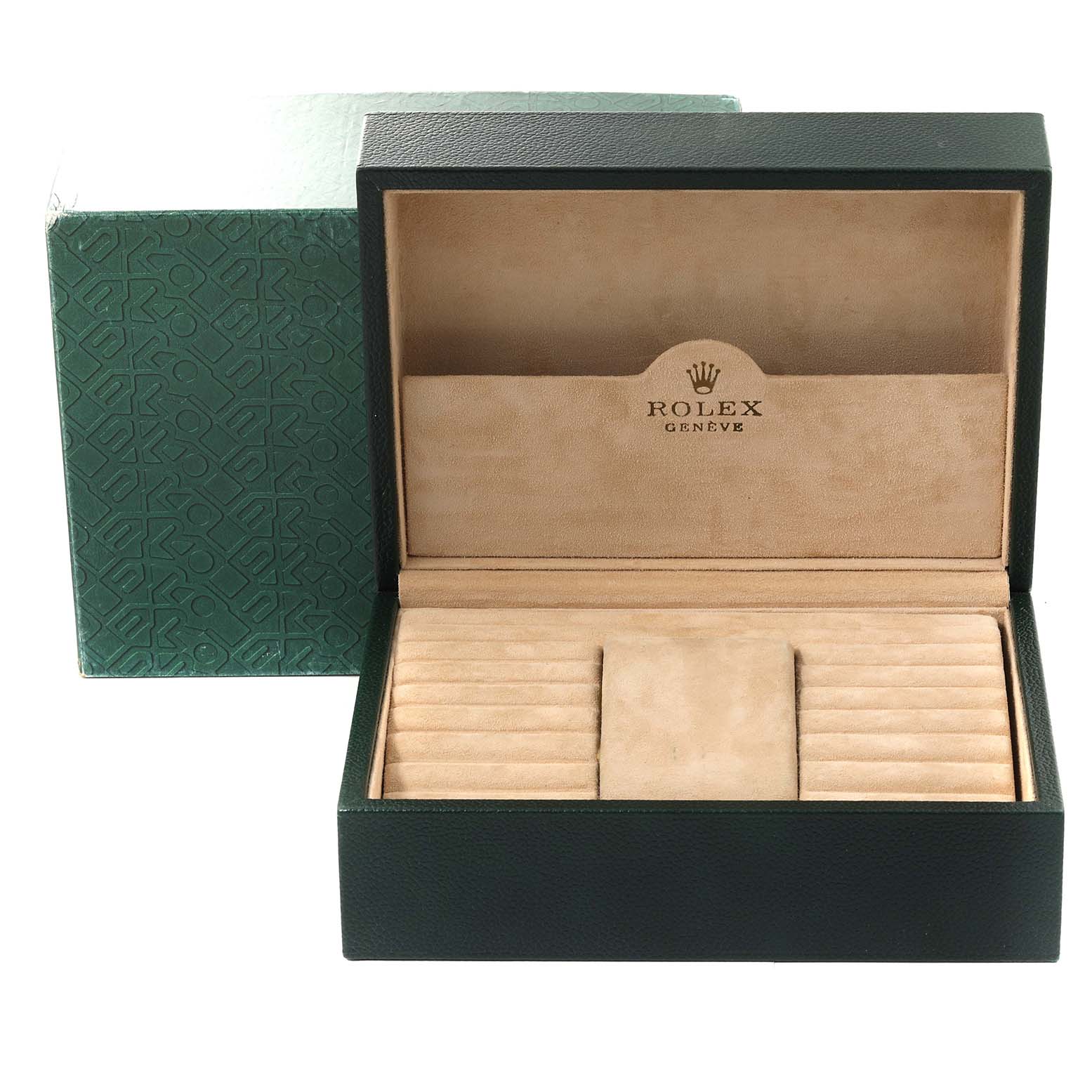 This image shows an open Rolex watch box for the President model, displaying its interior compartments.