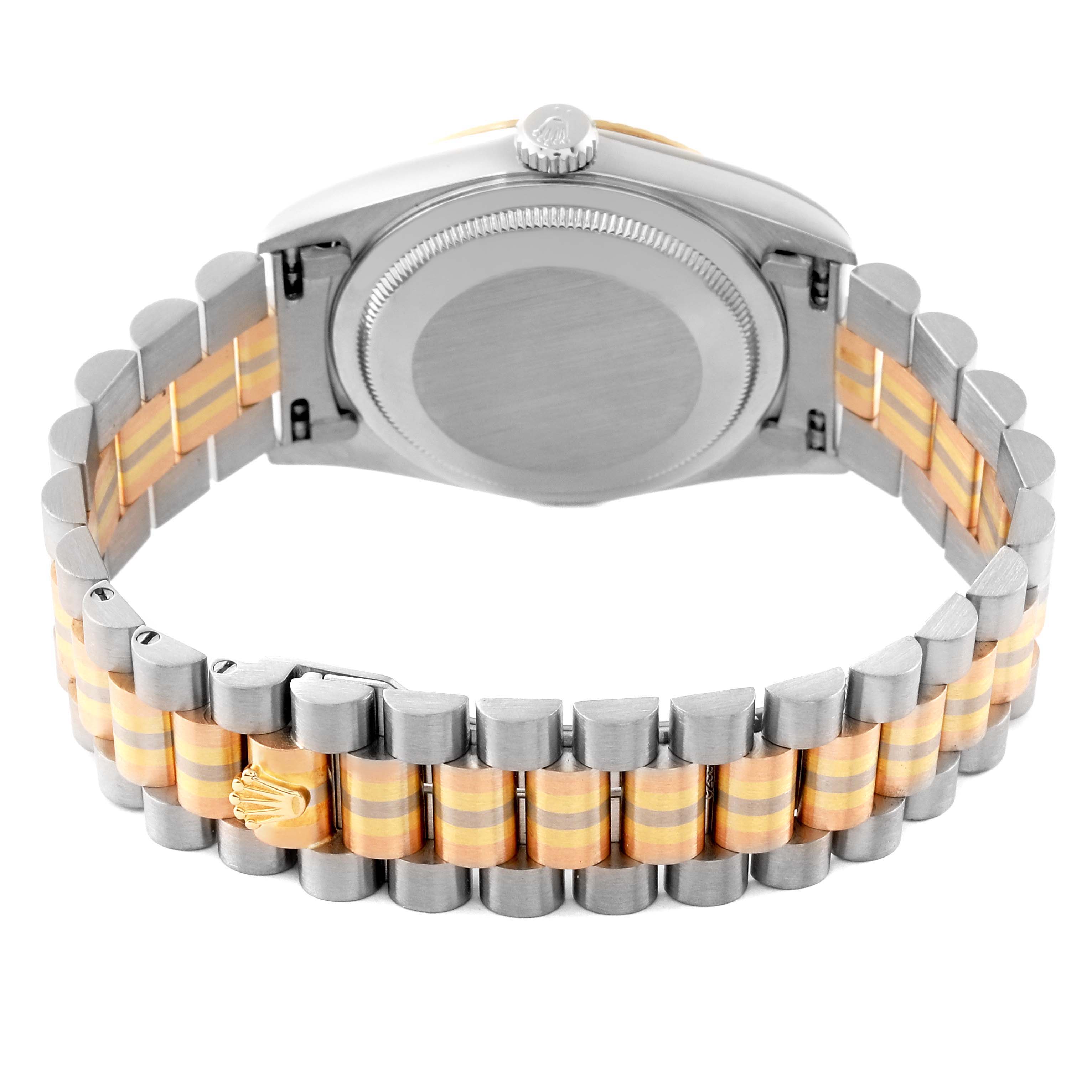 This image shows the President bracelet and case back of a Rolex President 18239 Men's Steel and Gold (two tone) Champagne Dial 18239 Men's Steel and Gold (two tone) Champagne Dial model watch, viewed from the rear.