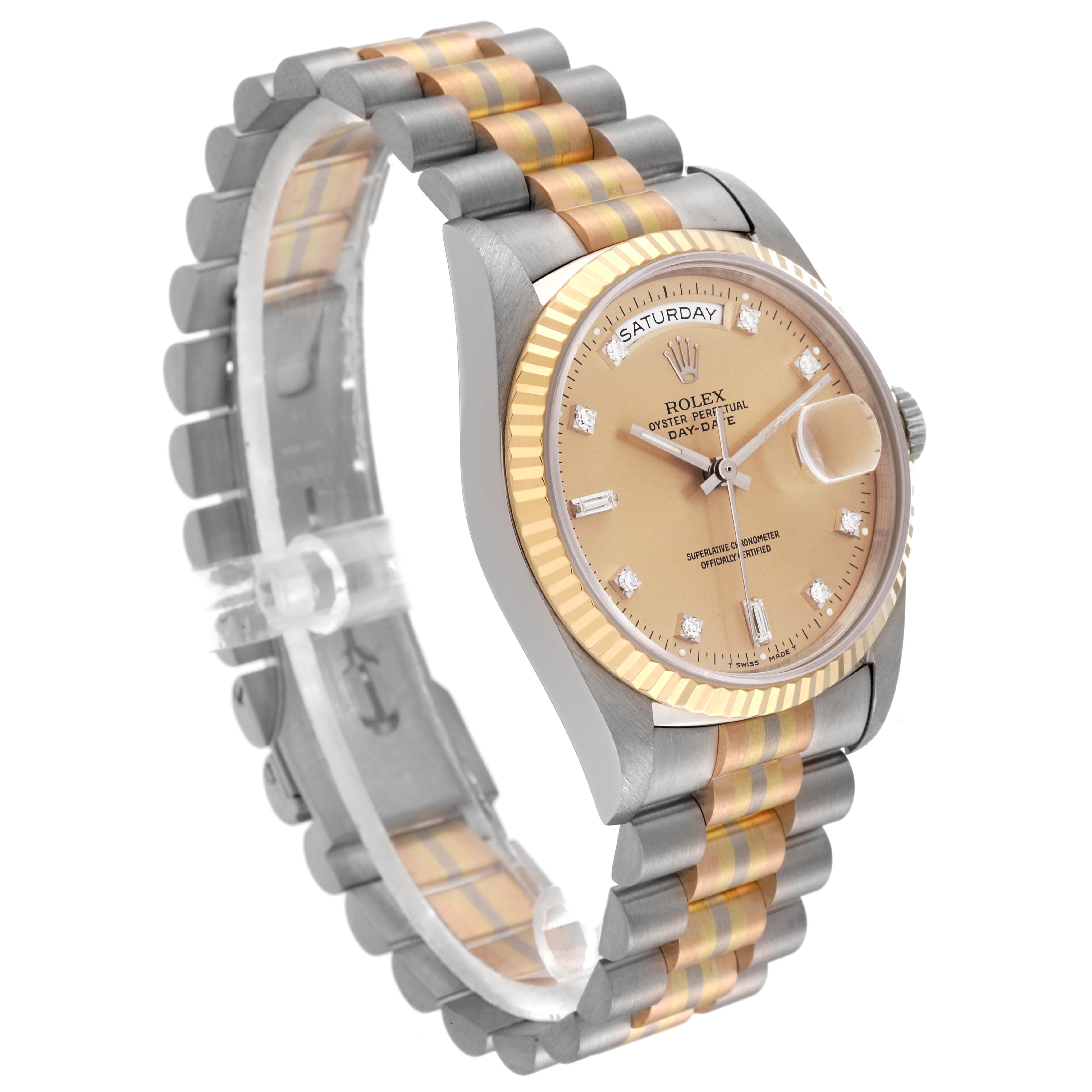 The image shows a Rolex President 18239 Men's Steel and Gold (two tone) Champagne Dial 18239 Men's Steel and Gold (two tone) Champagne Dial model watch at a three-quarter angle, highlighting the dial, bezel, and two-tone bracelet.