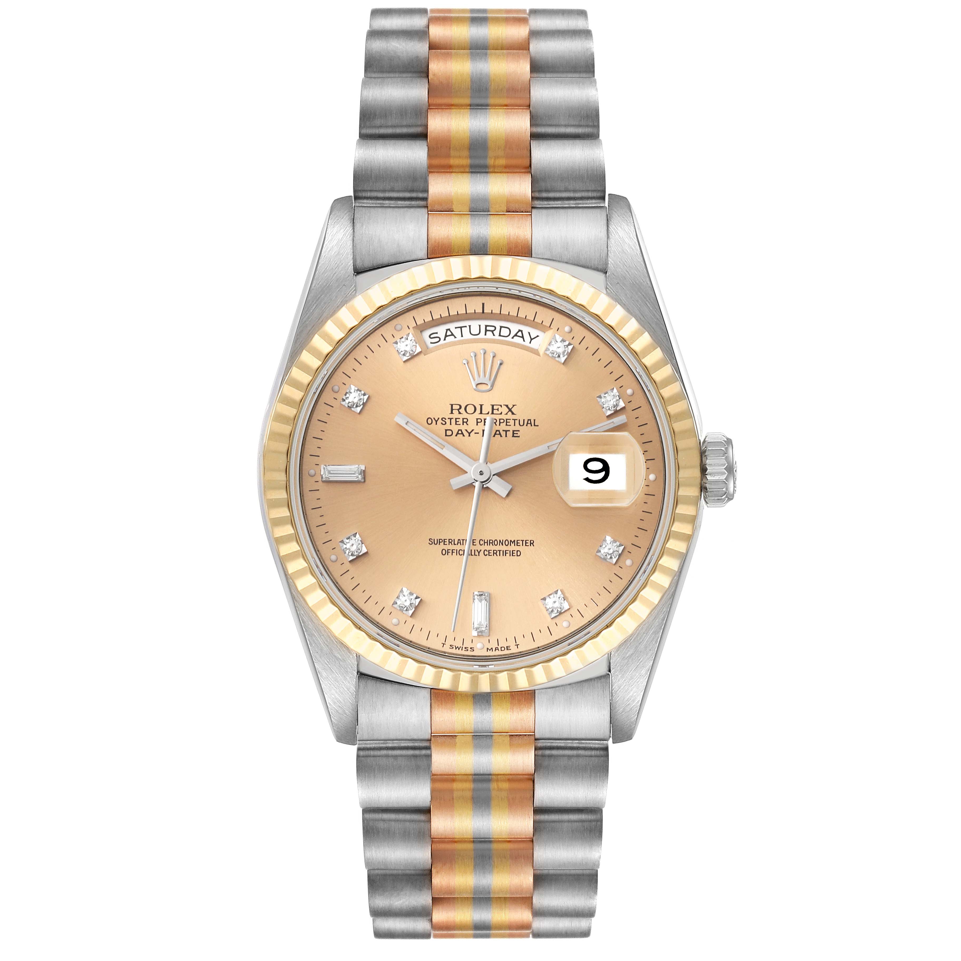 The image shows a Rolex President 18239 Men's Steel and Gold (two tone) Champagne Dial 18239 Men's Steel and Gold (two tone) Champagne Dial model watch from a front angle, highlighting the dial, bracelet, and bezel.