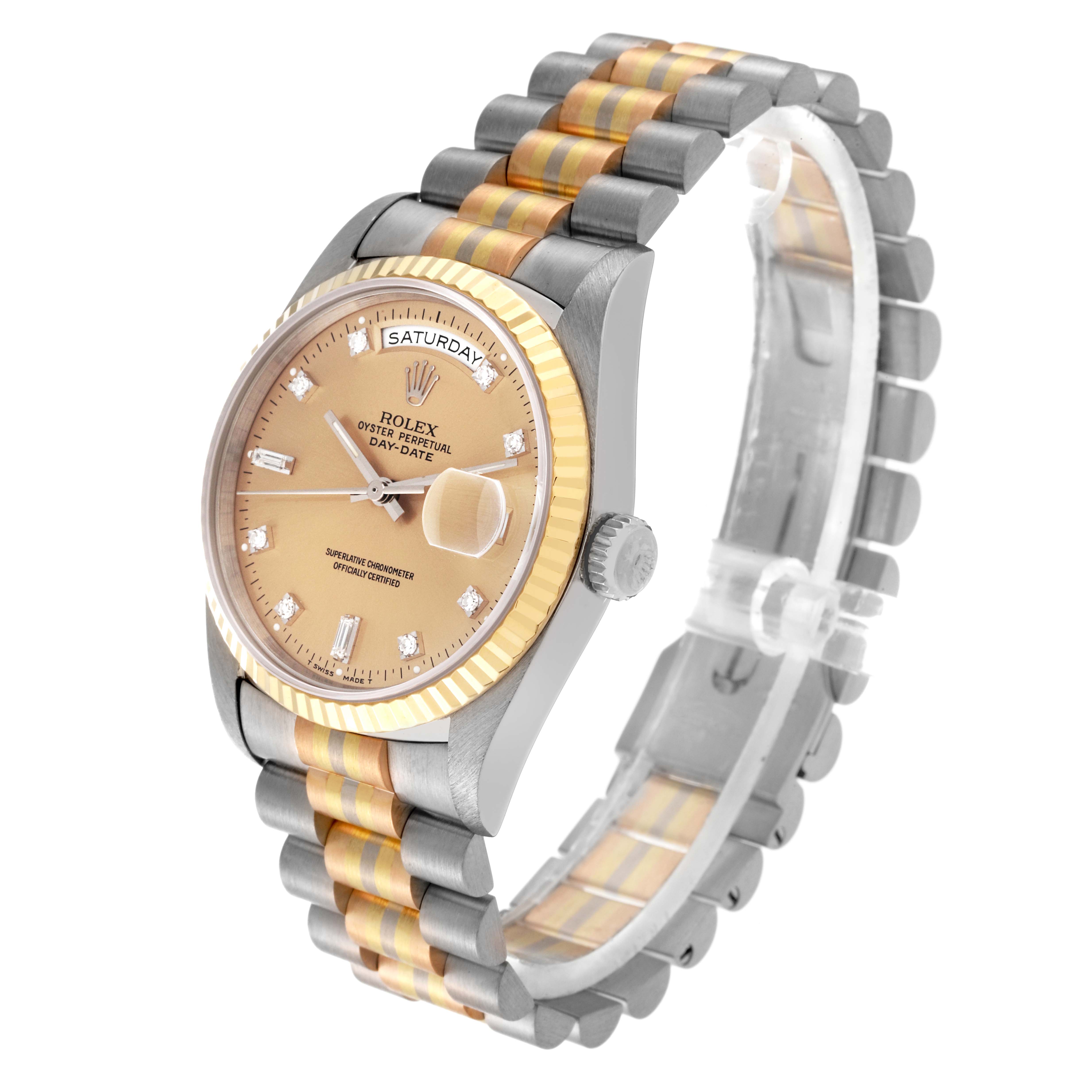 The image shows a side angle of the Rolex President 18239 Men's Steel and Gold (two tone) Champagne Dial 18239 Men's Steel and Gold (two tone) Champagne Dial model watch, displaying the watch face, bezel, and two-tone bracelet.