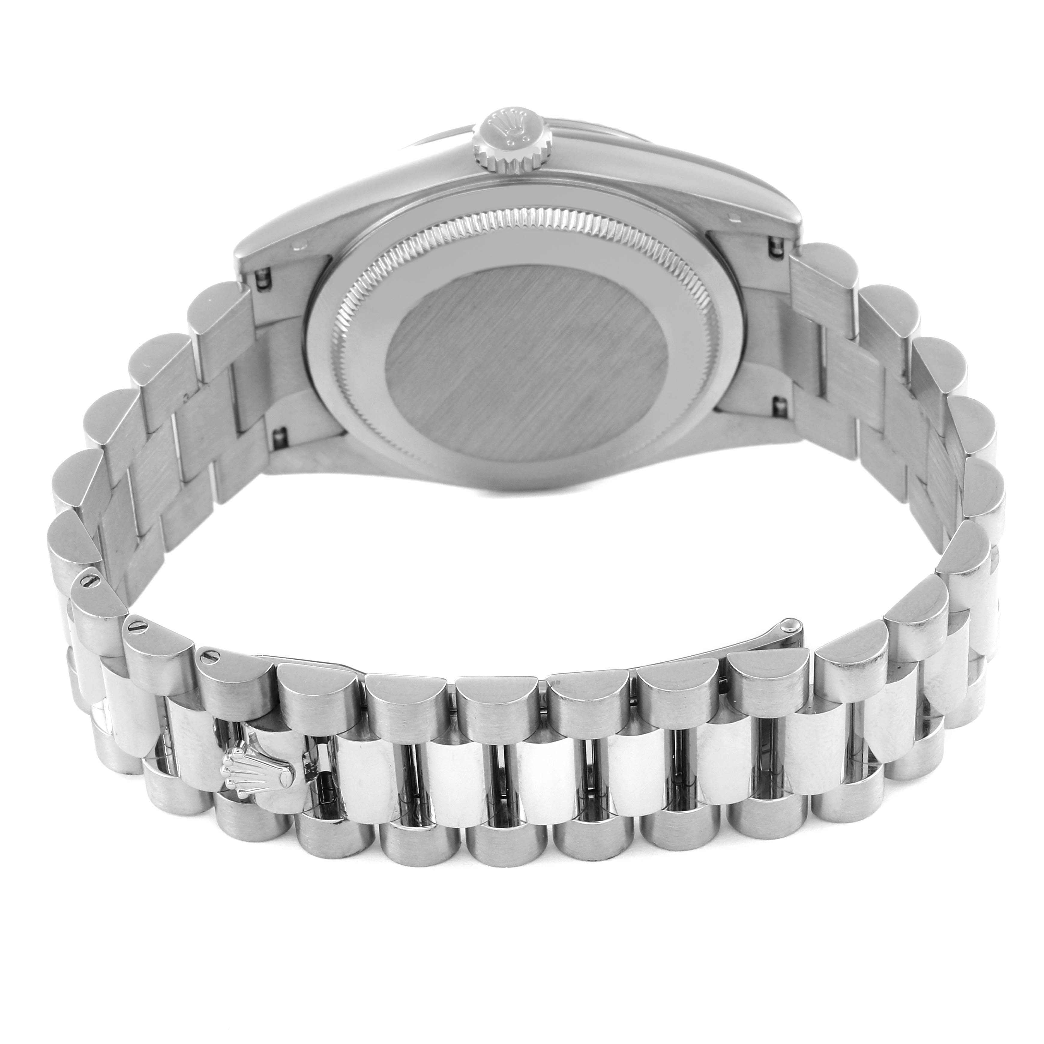 The image shows the back case and bracelet of a Rolex President 118239 Men's White Gold White Dial 118239 Men's White Gold White Dial model watch, viewed from the rear.