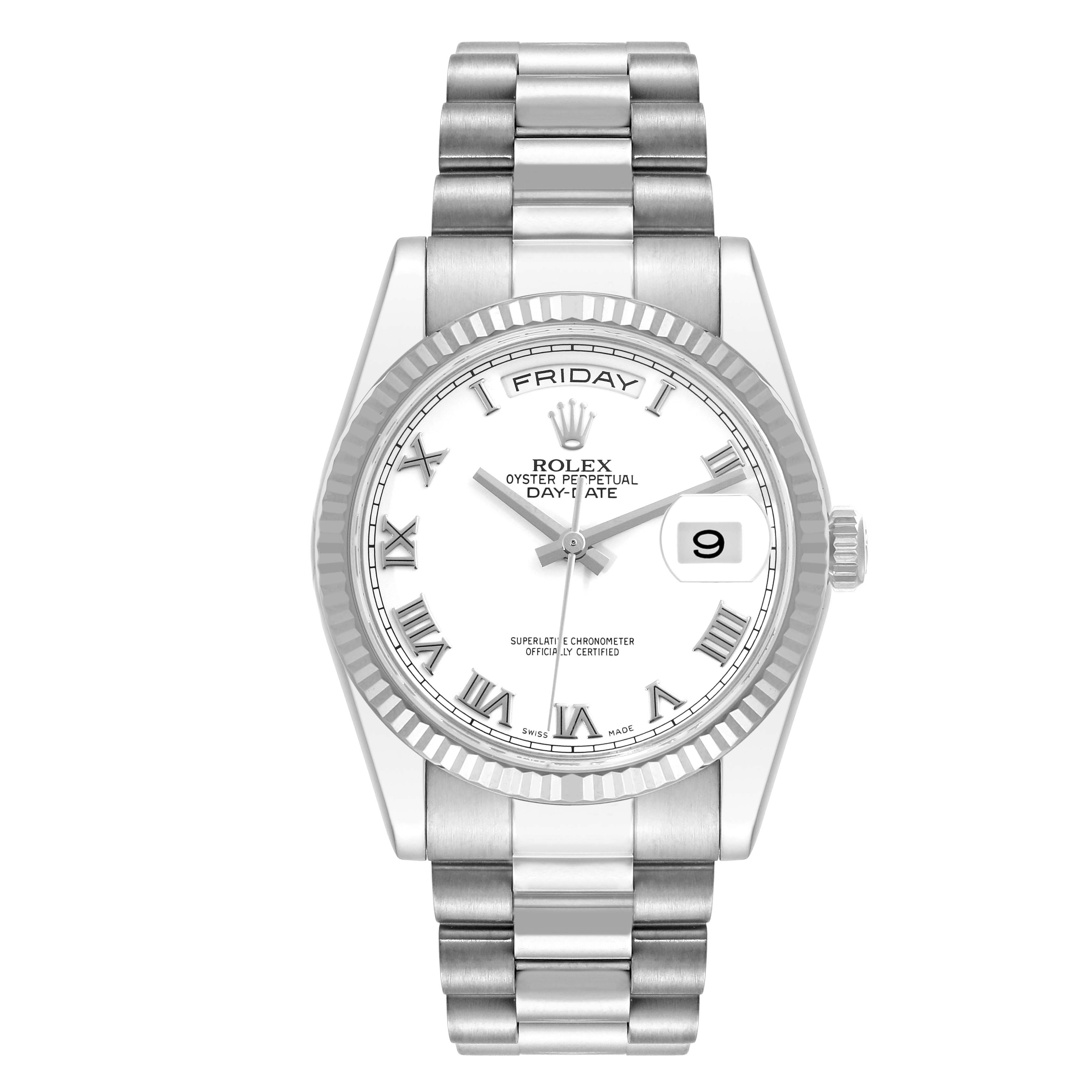 The Rolex President 118239 Men's White Gold White Dial 118239 Men's White Gold White Dial model is shown from a front angle, displaying the dial, bezel, day window, and bracelet.