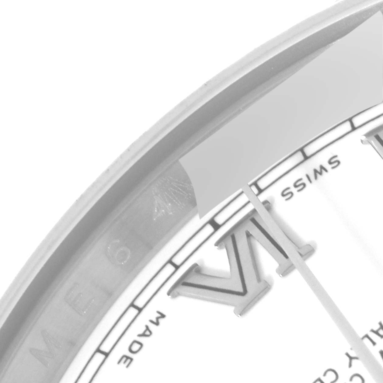 The image shows a close-up of the dial and bezel of a Rolex President 118239 Men's White Gold White Dial 118239 Men's White Gold White Dial model watch, highlighting the VI Roman numeral and "Swiss Made" text.