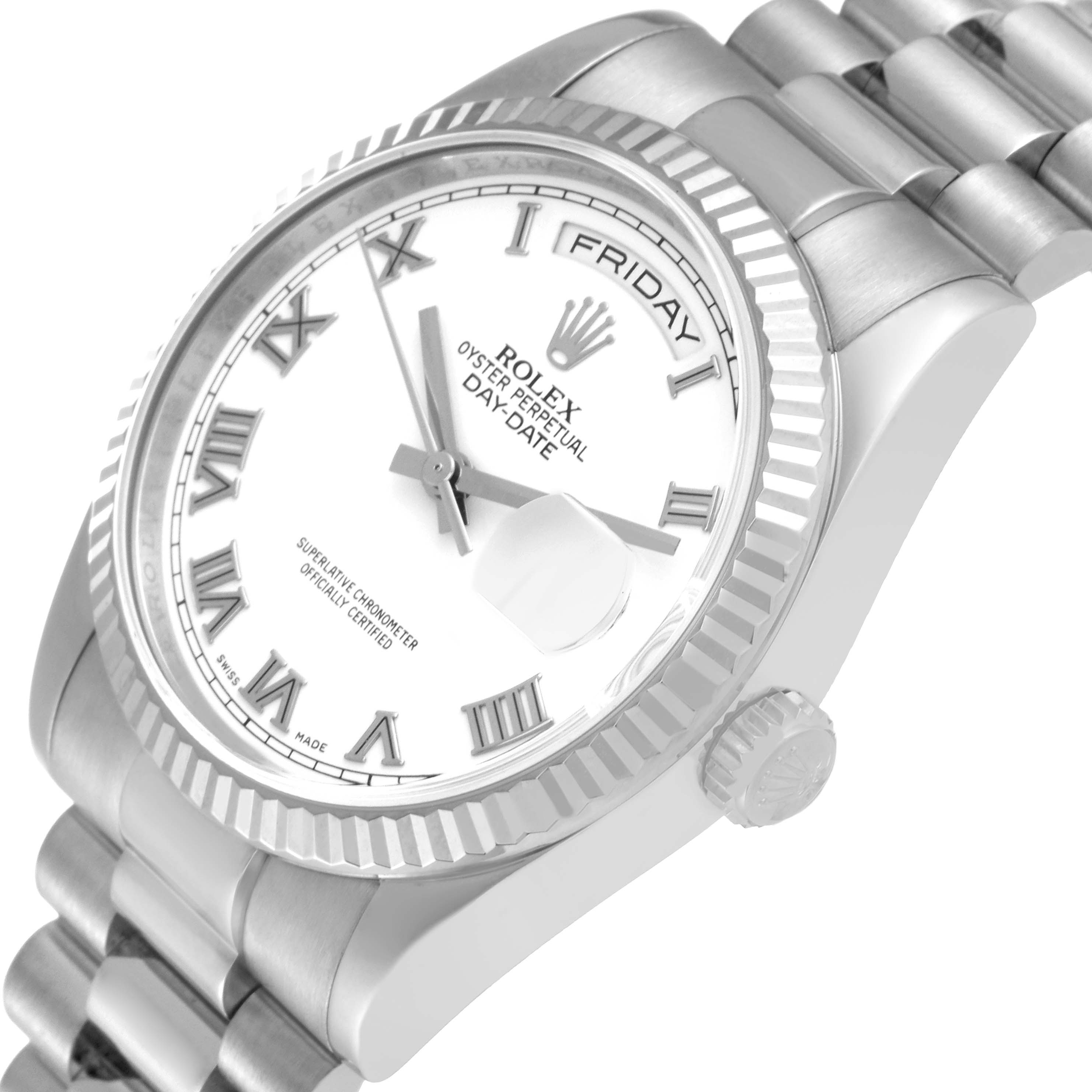 The image shows a Rolex President 118239 Men's White Gold White Dial 118239 Men's White Gold White Dial model watch from an angled view, highlighting the dial, bezel, crown, bracelet, and day-date features.