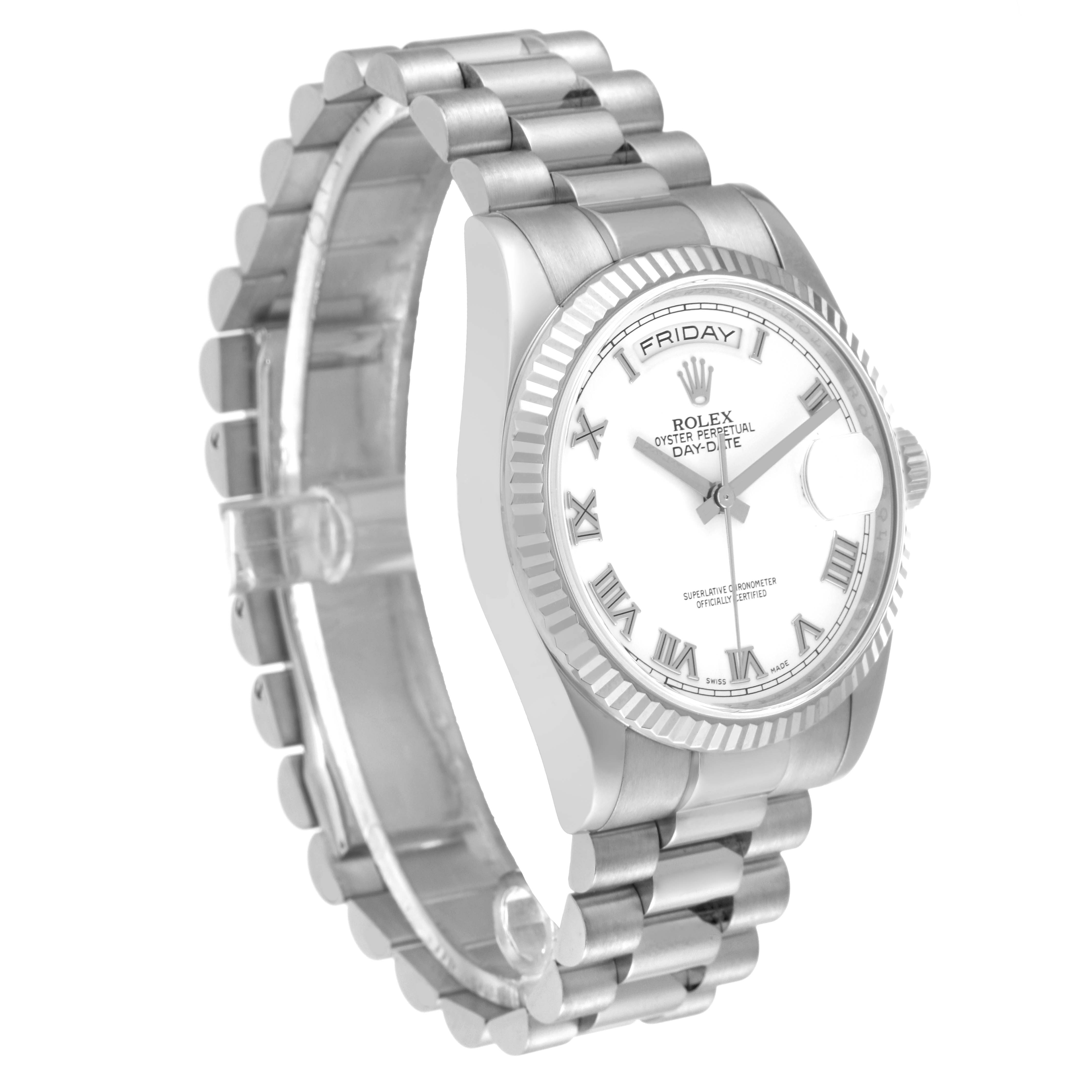 The image shows a Rolex President 118239 Men's White Gold White Dial 118239 Men's White Gold White Dial model watch at a slight angle, highlighting the bracelet, case, and watch face with Roman numerals.