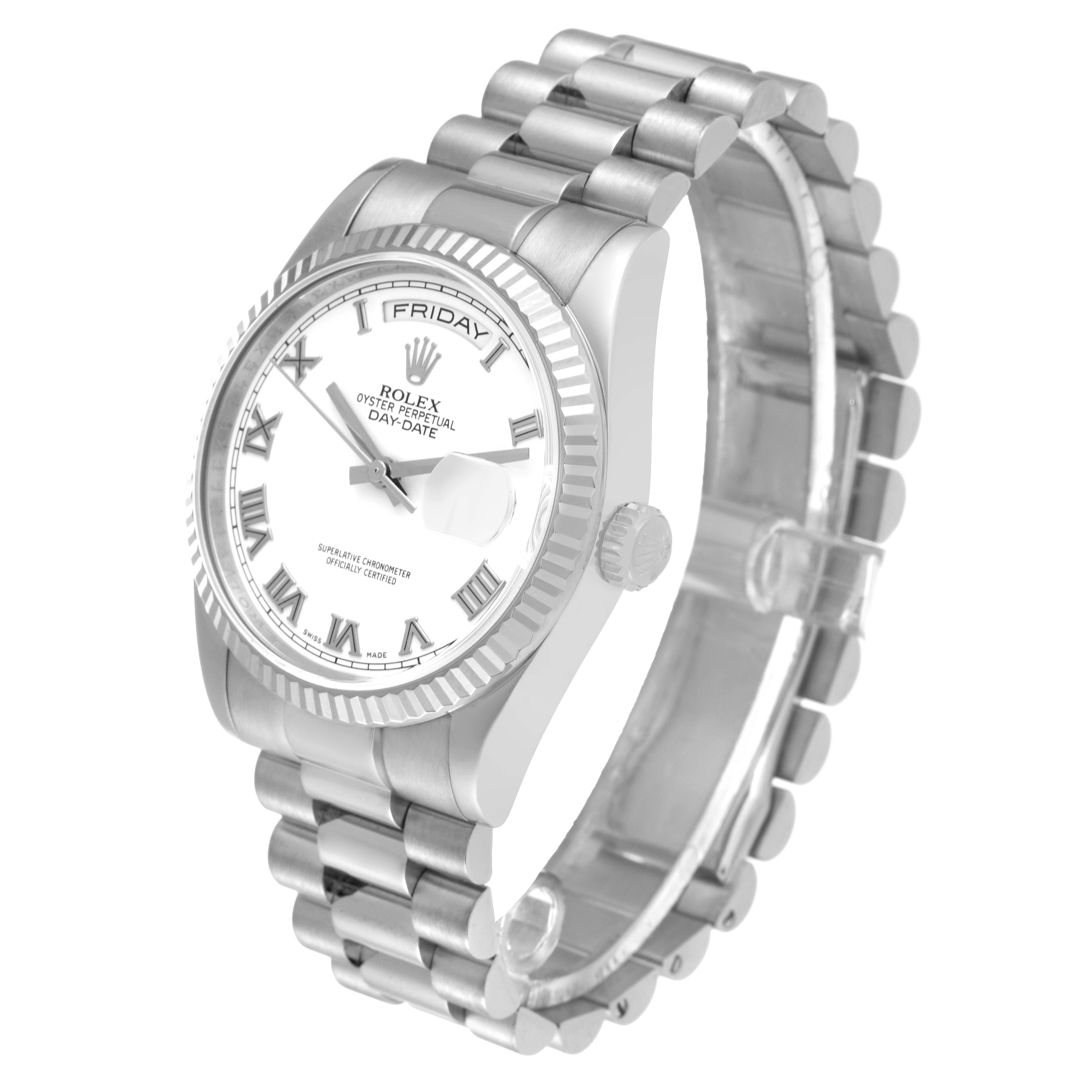 The image shows a Rolex President 118239 Men's White Gold White Dial 118239 Men's White Gold White Dial model watch at a slight angle, highlighting the watch face, bezel, and bracelet.