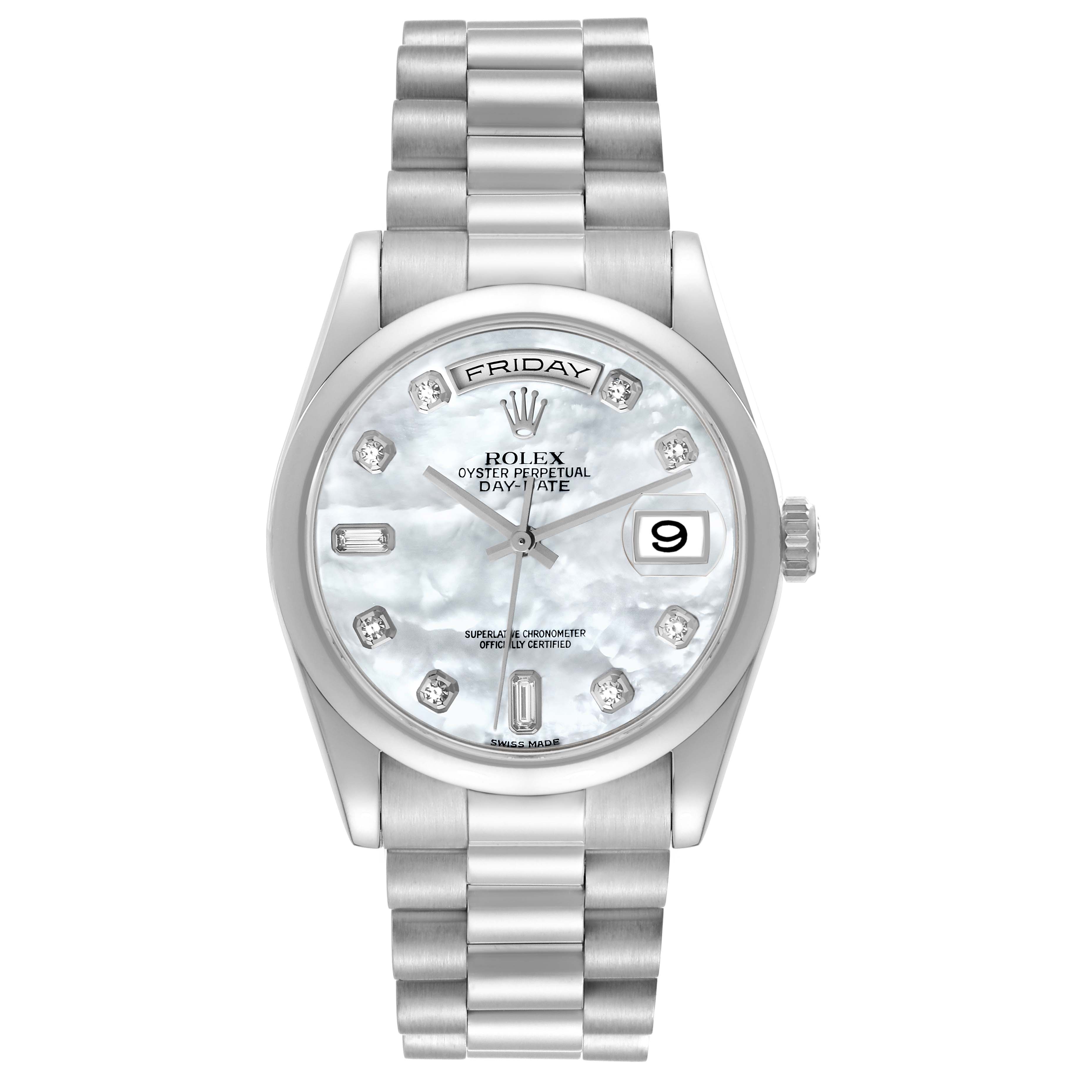 This image shows a front view of the Rolex President 118209 Men's White Gold Mother of Pearl Dial 118209 Men's White Gold Mother of Pearl Dial model watch's face and bracelet.