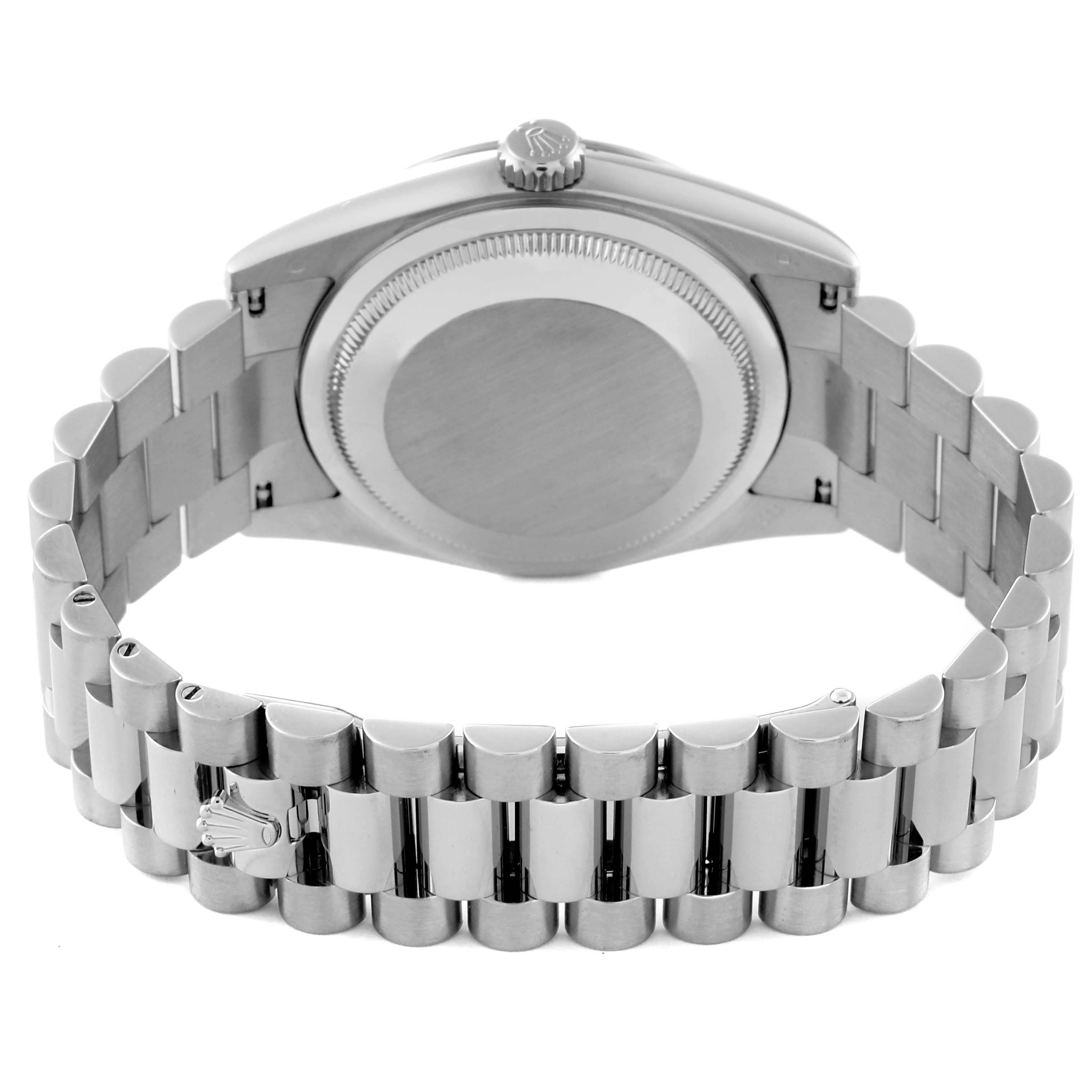 The image shows the back and bracelet of a Rolex President 118209 Men's White Gold Mother of Pearl Dial 118209 Men's White Gold Mother of Pearl Dial model watch from a rear angle.