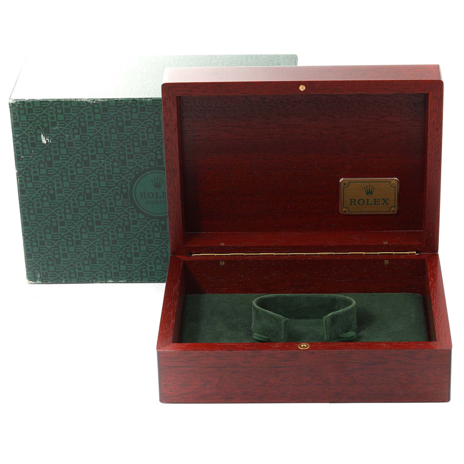 The image shows an open wooden Rolex President 118209 Men's White Gold Mother of Pearl Dial 118209 Men's White Gold Mother of Pearl Dial model watch box with a green interior and a Rolex-branded plaque inside the lid.