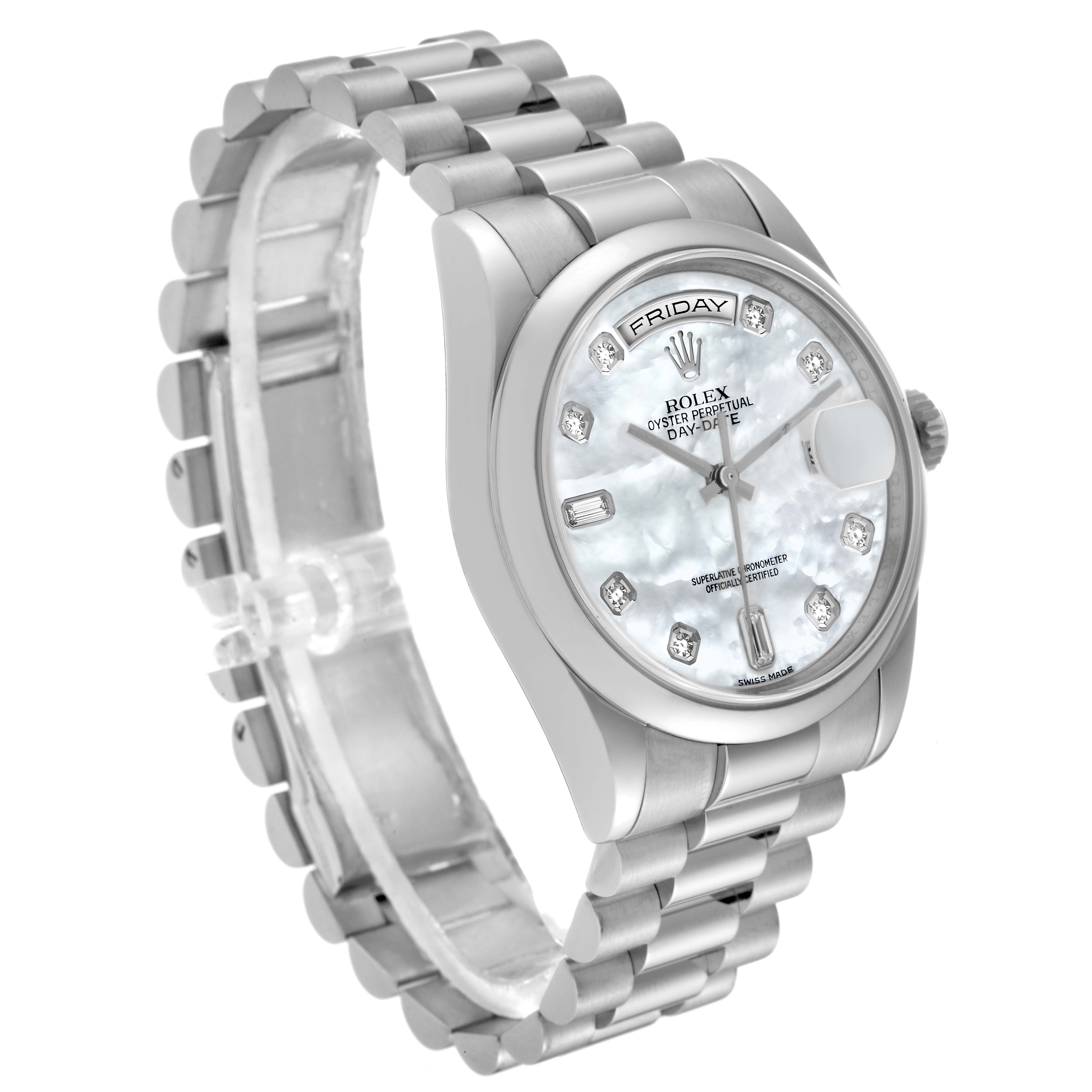 The image shows a Rolex President 118209 Men's White Gold Mother of Pearl Dial 118209 Men's White Gold Mother of Pearl Dial model watch from a front angle, highlighting its face, bezel, and bracelet.