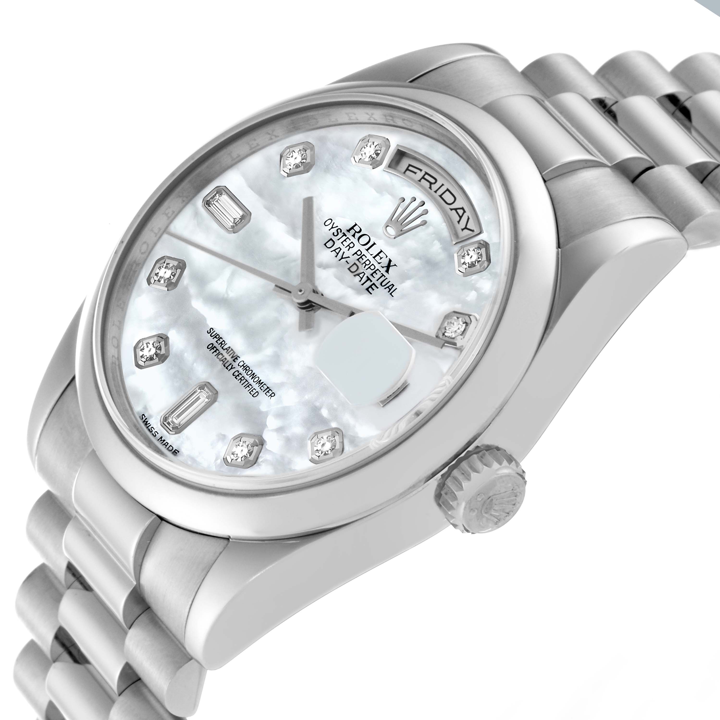 The Rolex President 118209 Men's White Gold Mother of Pearl Dial 118209 Men's White Gold Mother of Pearl Dial model watch is shown at an angle displaying the face, bracelet, and crown.