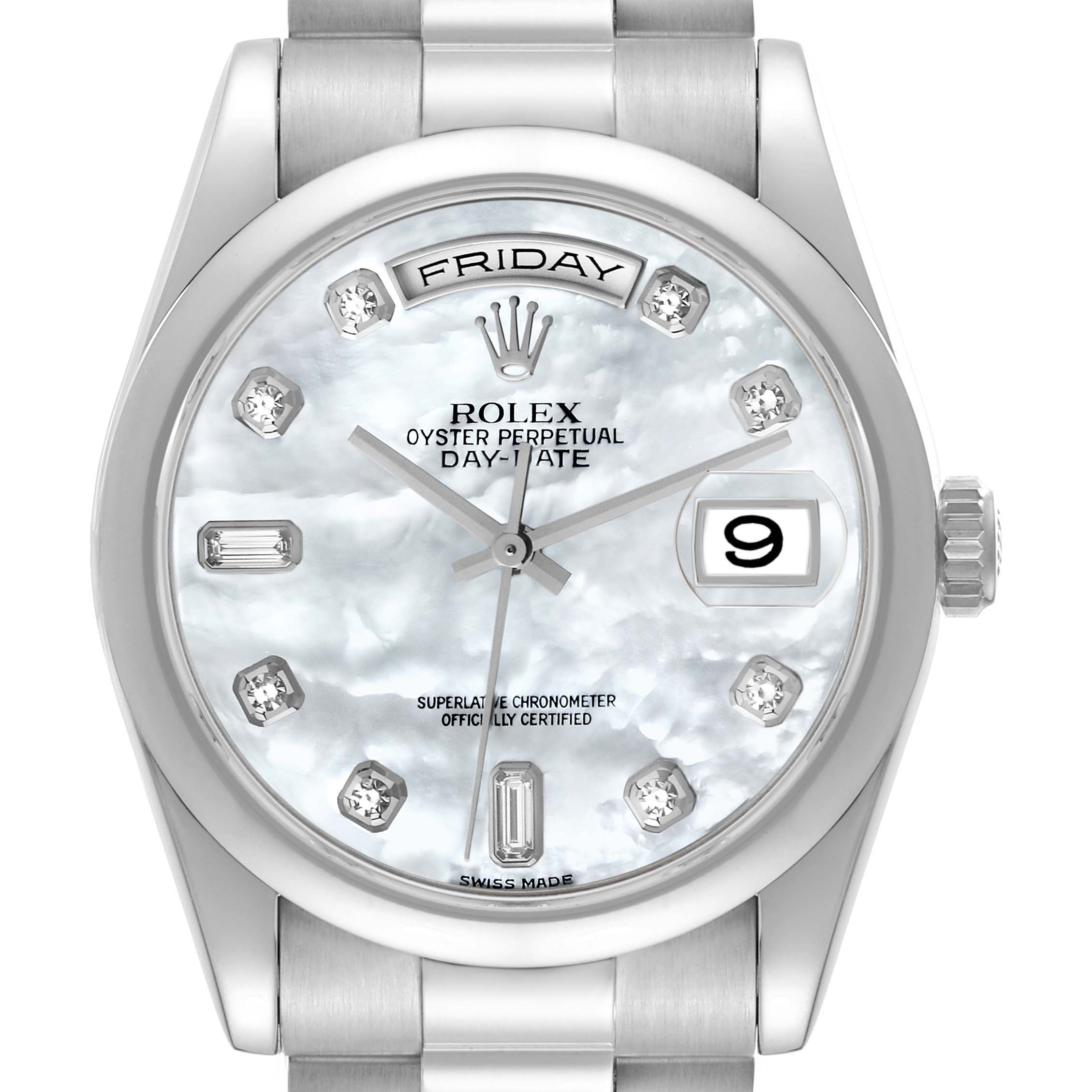 The image shows a front view of the Rolex President 118209 Men's White Gold Mother of Pearl Dial 118209 Men's White Gold Mother of Pearl Dial model, featuring its face, crown, and part of the bracelet.