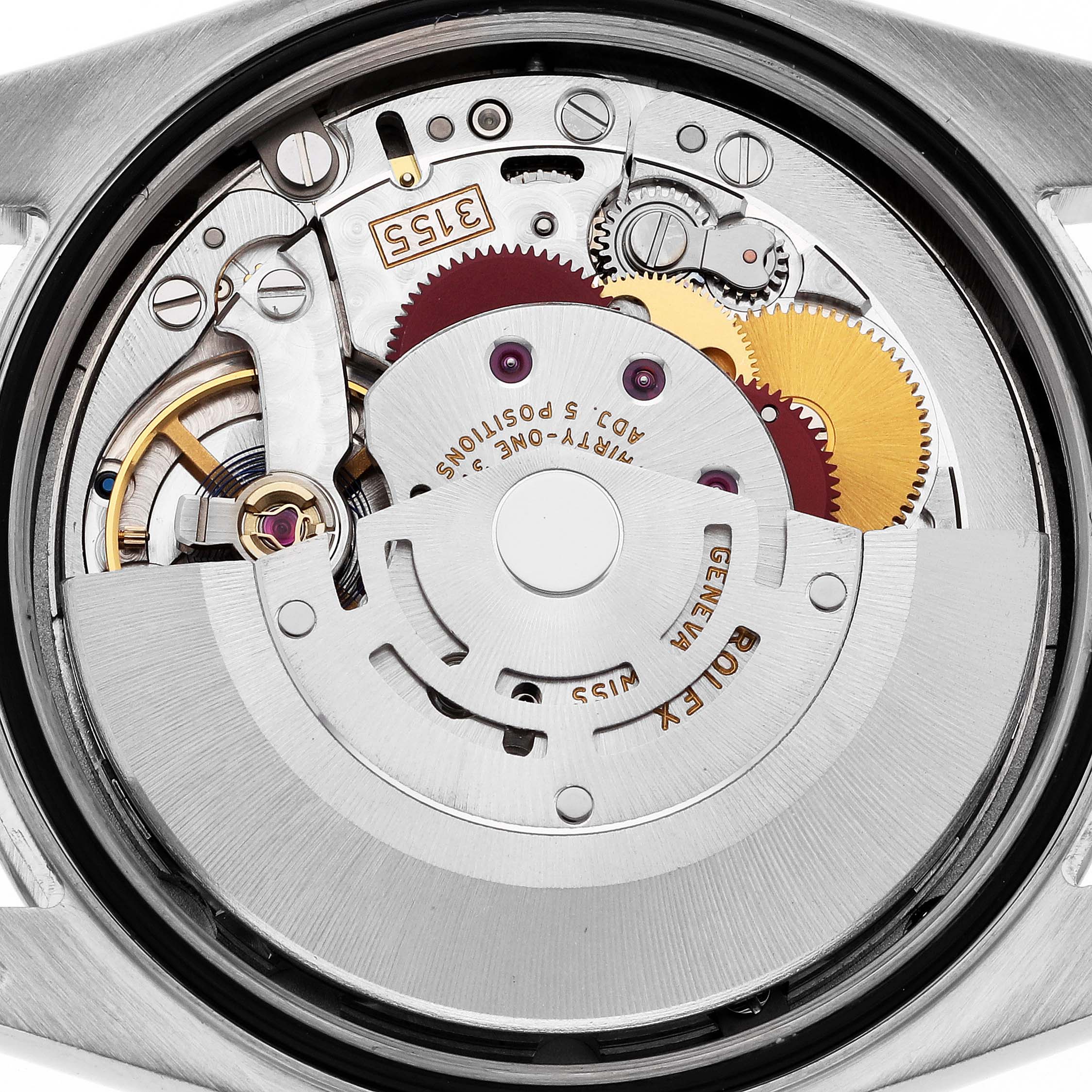 The image shows a close-up of the movement mechanism of a Rolex President 118209 Men's White Gold Mother of Pearl Dial 118209 Men's White Gold Mother of Pearl Dial model watch from the back.