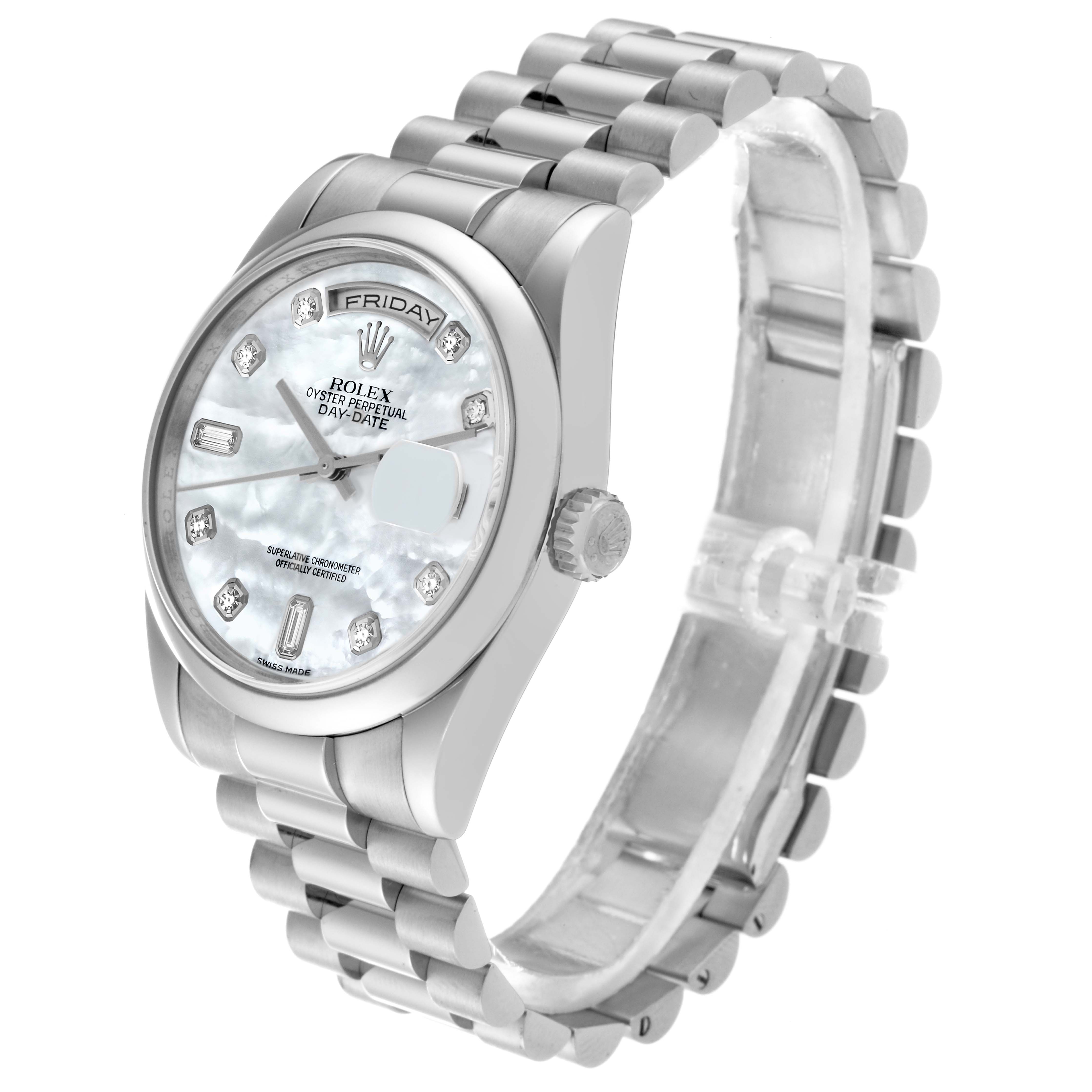 The image shows a Rolex President 118209 Men's White Gold Mother of Pearl Dial 118209 Men's White Gold Mother of Pearl Dial model watch at a three-quarter angle, highlighting the bracelet, dial, and crown.
