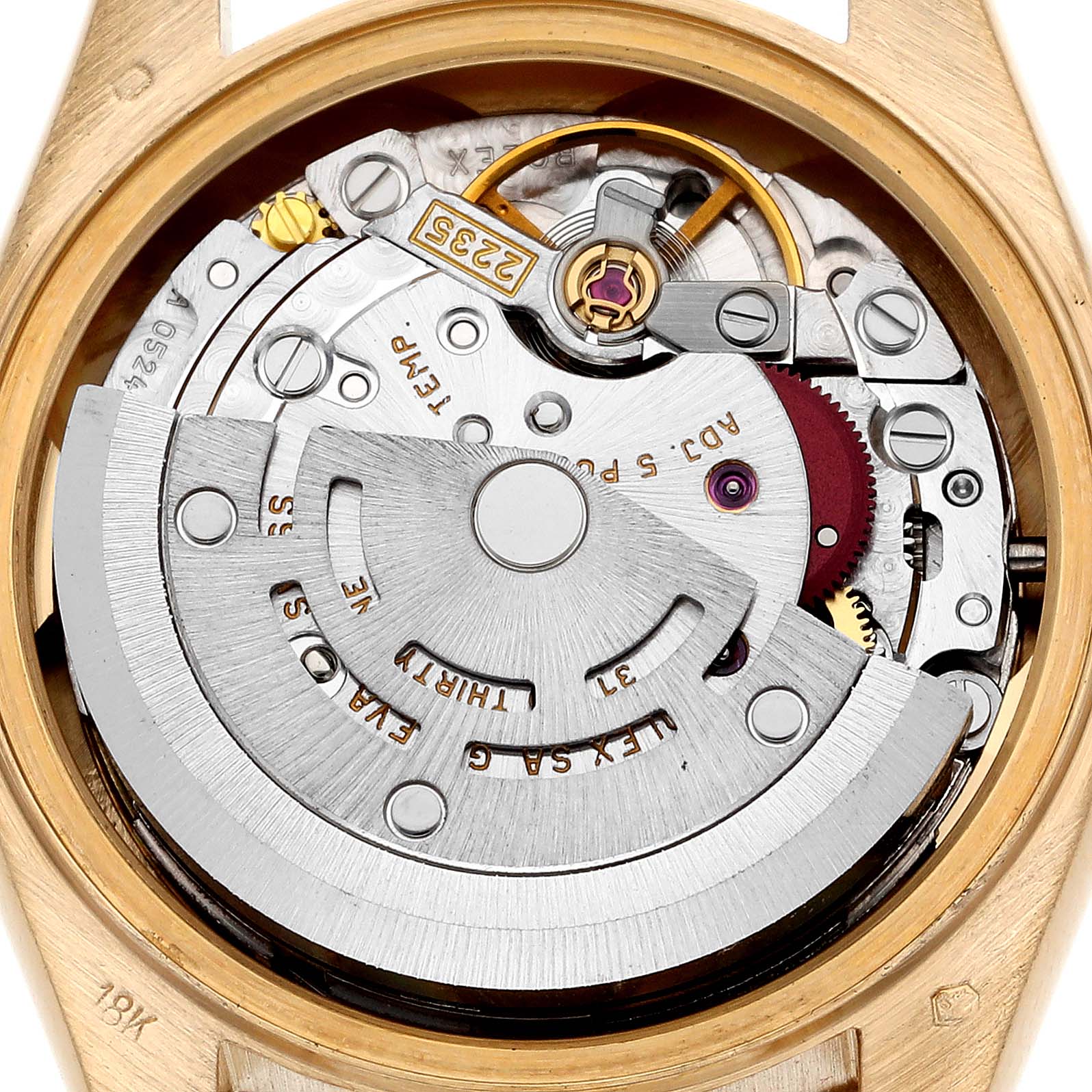 This image shows the internal movement and components of a Rolex President 79178 Women's Yellow Gold Champagne Dial 79178 Women's Yellow Gold Champagne Dial model watch from a top-down angle.