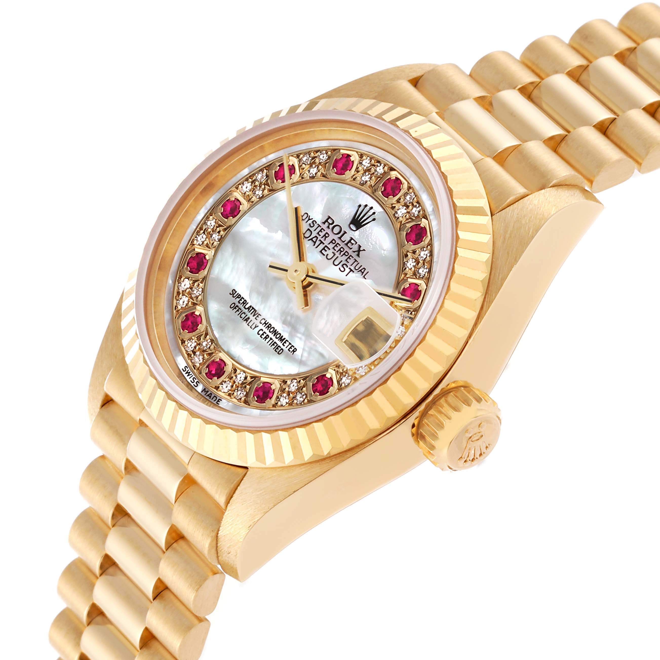 The Rolex President 79178 Women's Yellow Gold Champagne Dial 79178 Women's Yellow Gold Champagne Dial model watch is shown from an angled perspective, highlighting its face, bezel, and bracelet.
