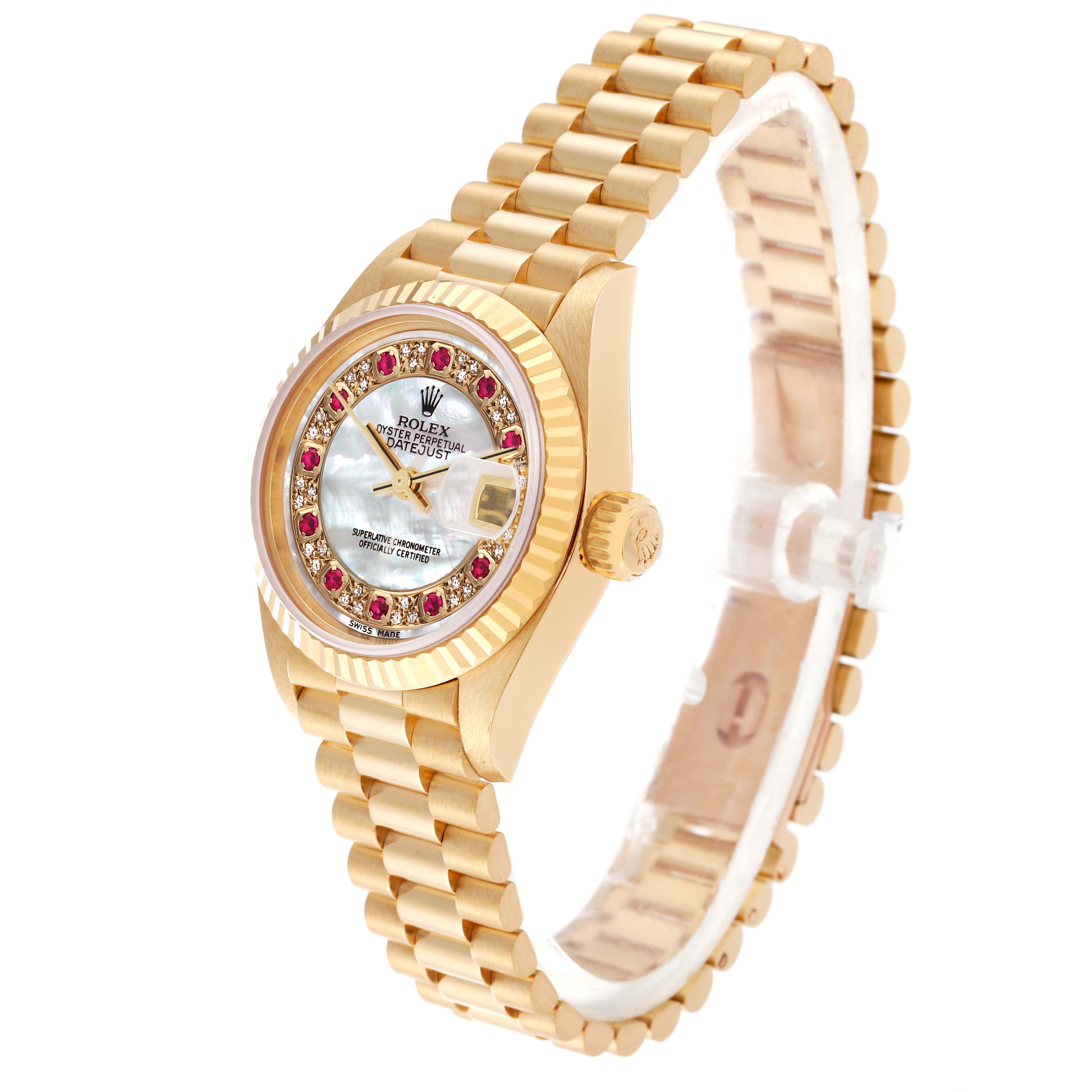 The Rolex President 79178 Women's Yellow Gold Champagne Dial 79178 Women's Yellow Gold Champagne Dial model watch is shown at a three-quarter angle, highlighting its band, dial, crown, and bezel.
