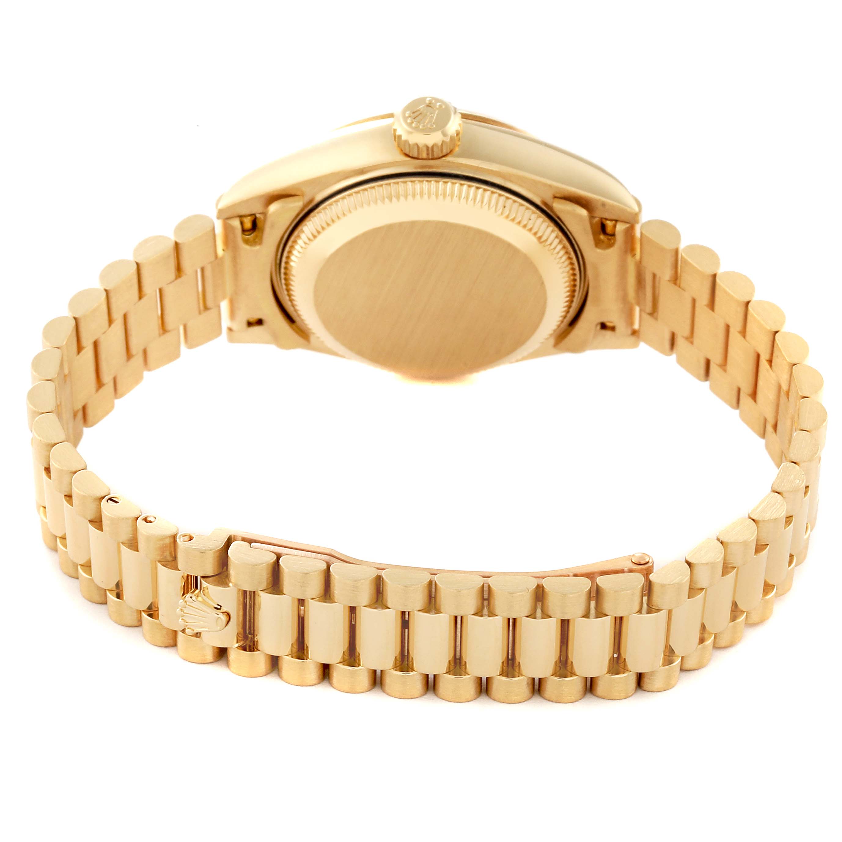 The image shows the backside and bracelet of a gold Rolex President 79178 Women's Yellow Gold Champagne Dial 79178 Women's Yellow Gold Champagne Dial model watch, highlighting the clasp and case back.