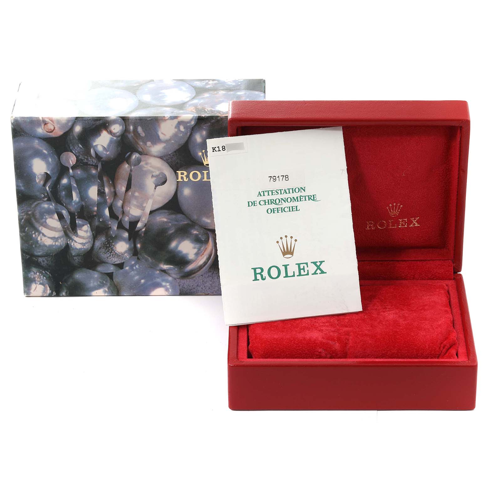 The image shows the packaging, documentation, and box for a Rolex President 79178 Women's Yellow Gold Champagne Dial 79178 Women's Yellow Gold Champagne Dial model watch, without the watch itself.