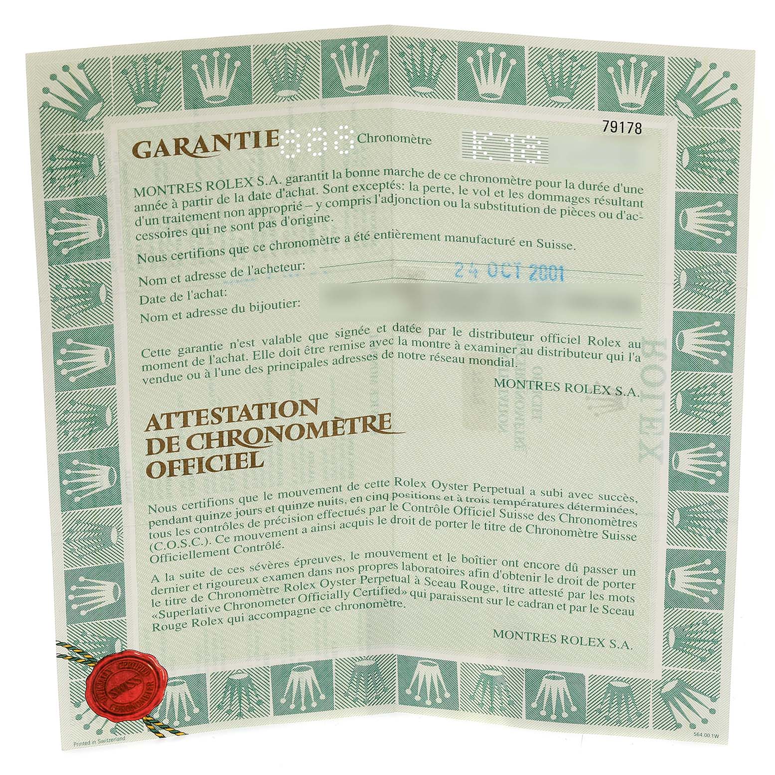 The image shows the certificate of guarantee and chronometer certification for the Rolex President 79178 Women's Yellow Gold Champagne Dial 79178 Women's Yellow Gold Champagne Dial model watch.