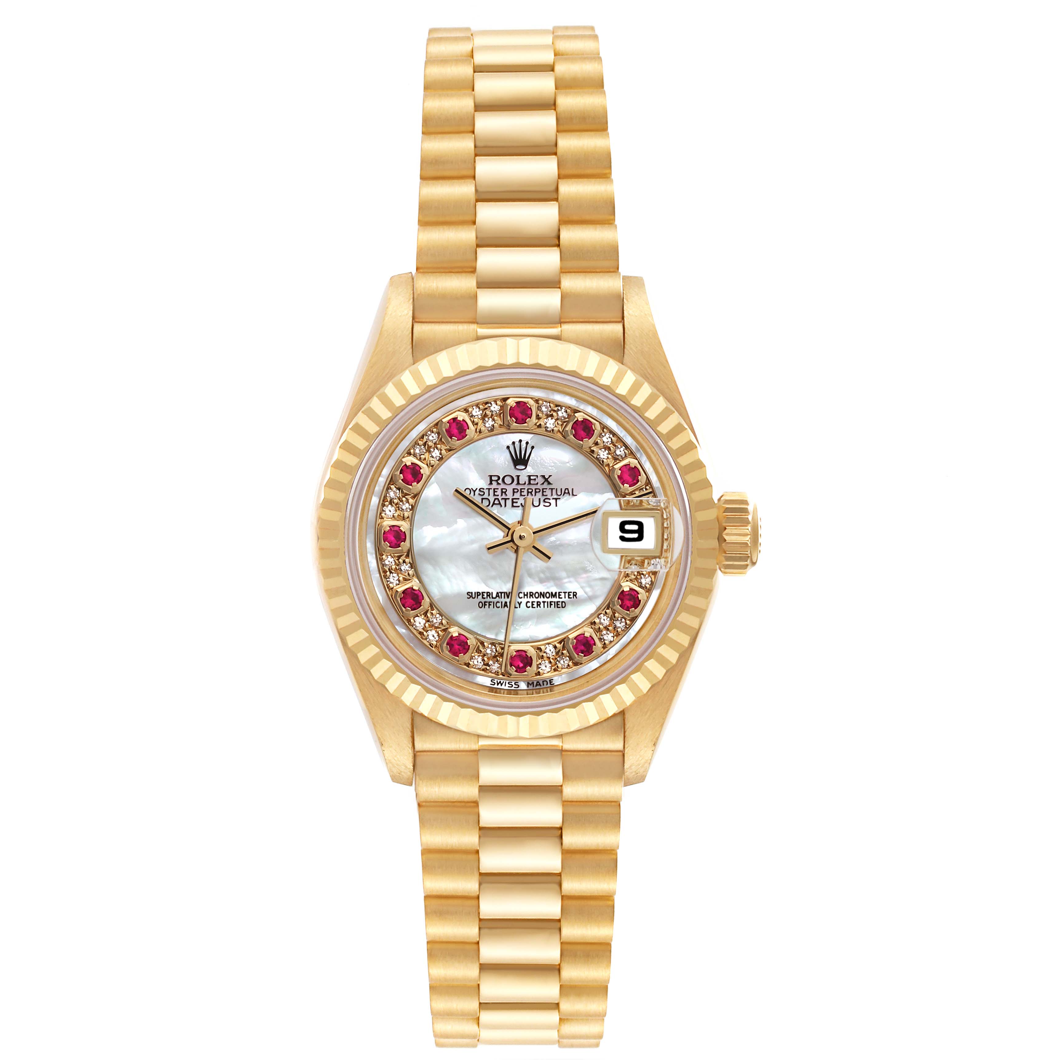 This image shows the dial, bezel, and bracelet of a Rolex President 79178 Women's Yellow Gold Champagne Dial 79178 Women's Yellow Gold Champagne Dial model watch from a top-down angle.