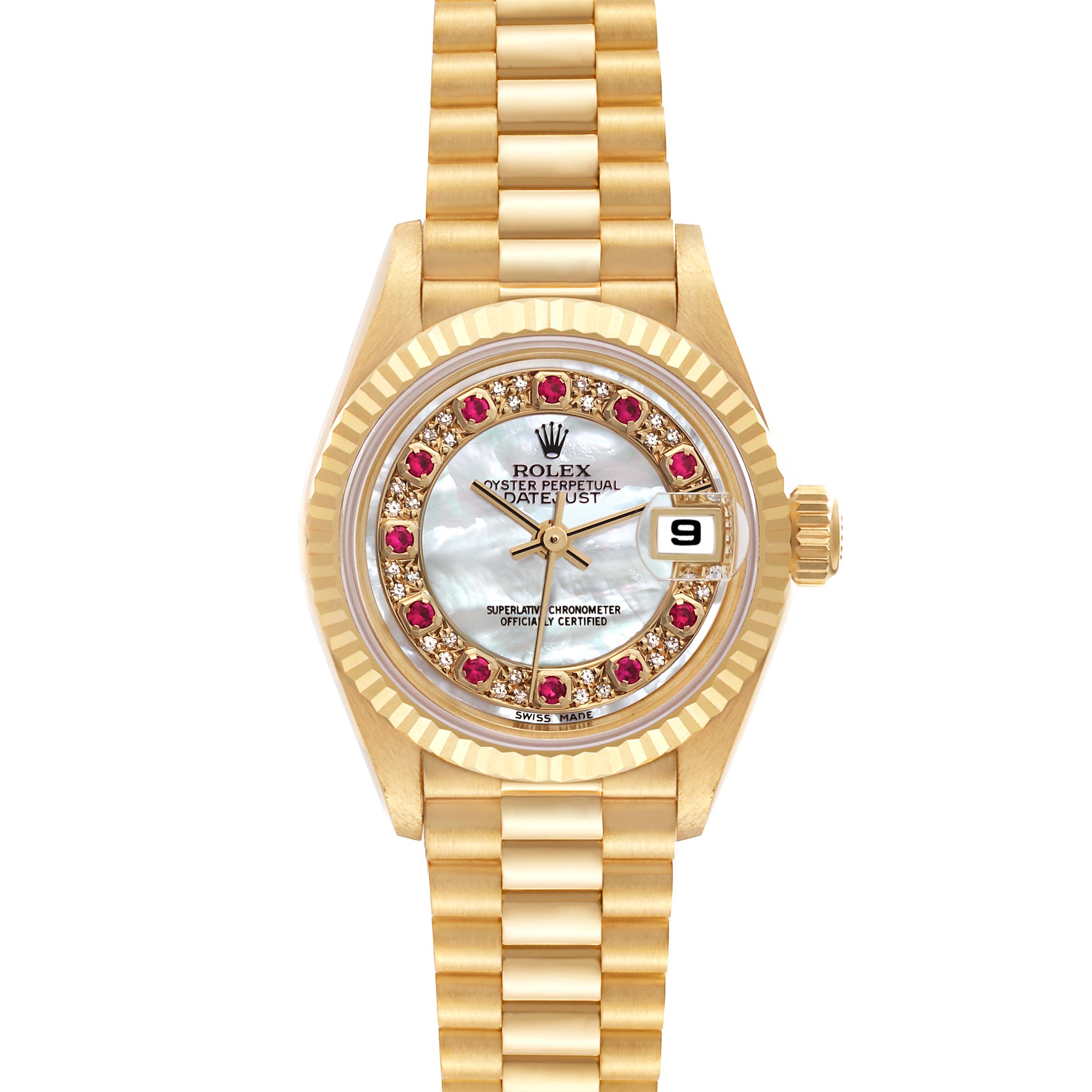 The image shows a Rolex President 79178 Women's Yellow Gold Champagne Dial 79178 Women's Yellow Gold Champagne Dial model watch with a gold case, diamond and ruby bezel, and a President bracelet.