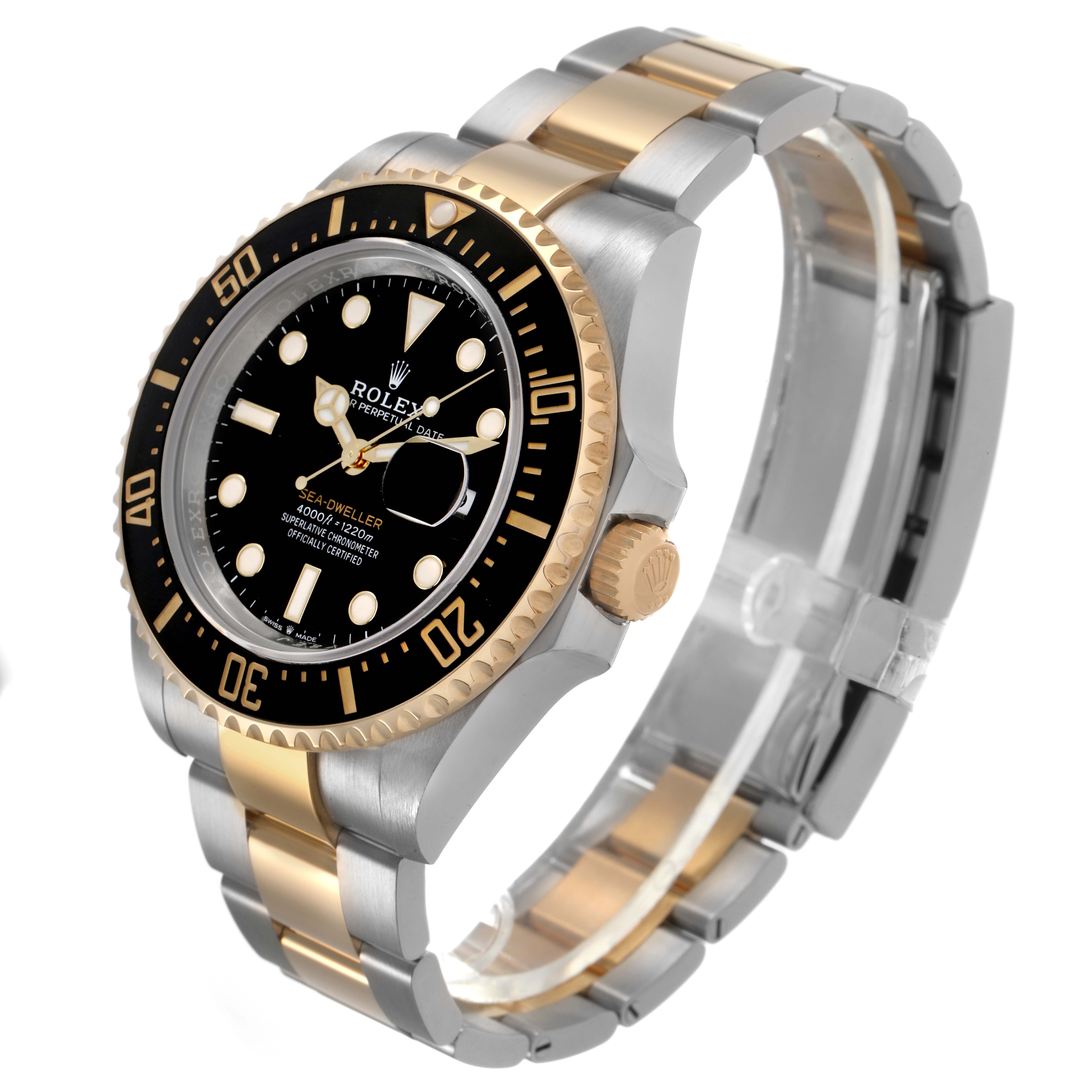 The Rolex Sea-Dweller M126603 Men's Steel and Gold (two tone) Black Dial watch is shown at an angled side view, highlighting the bezel, dial, and two-tone bracelet.