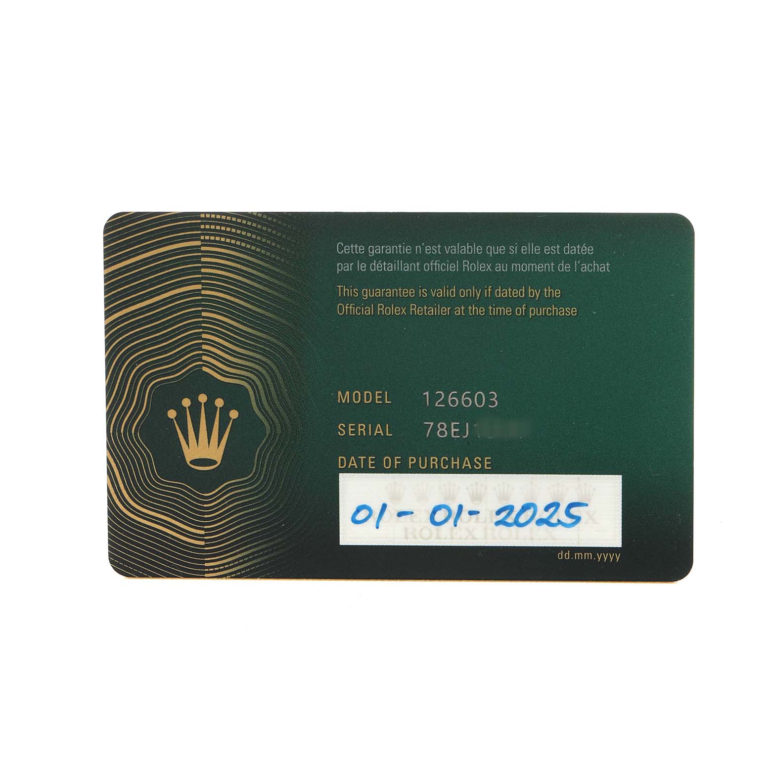 The image shows a warranty card for the Rolex Sea-Dweller M126603 Men's Steel and Gold (two tone) Black Dial model.
