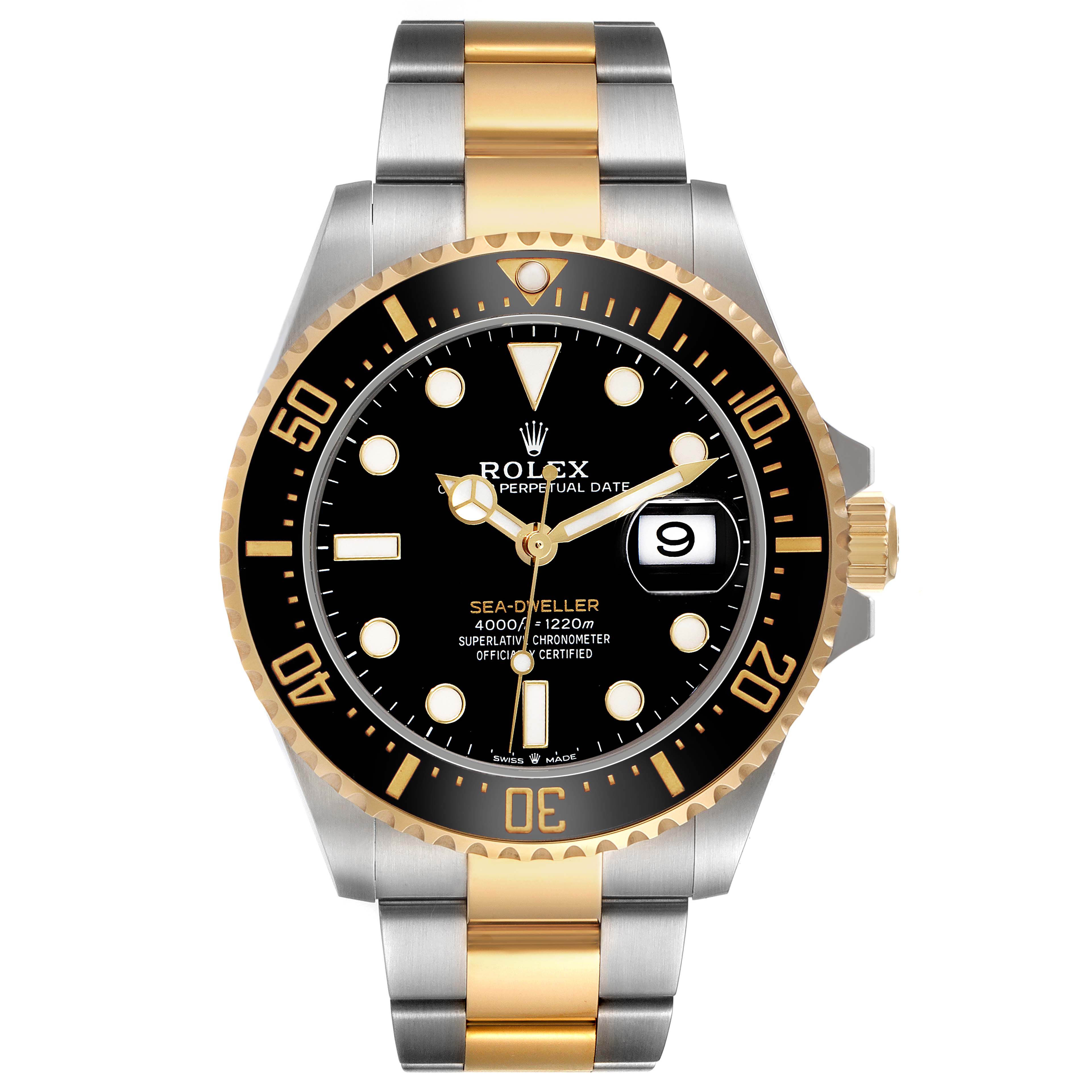 This Rolex Sea-Dweller M126603 Men's Steel and Gold (two tone) Black Dial watch is shown from a front angle, displaying the dial, bezel, bracelet, date, and crown.