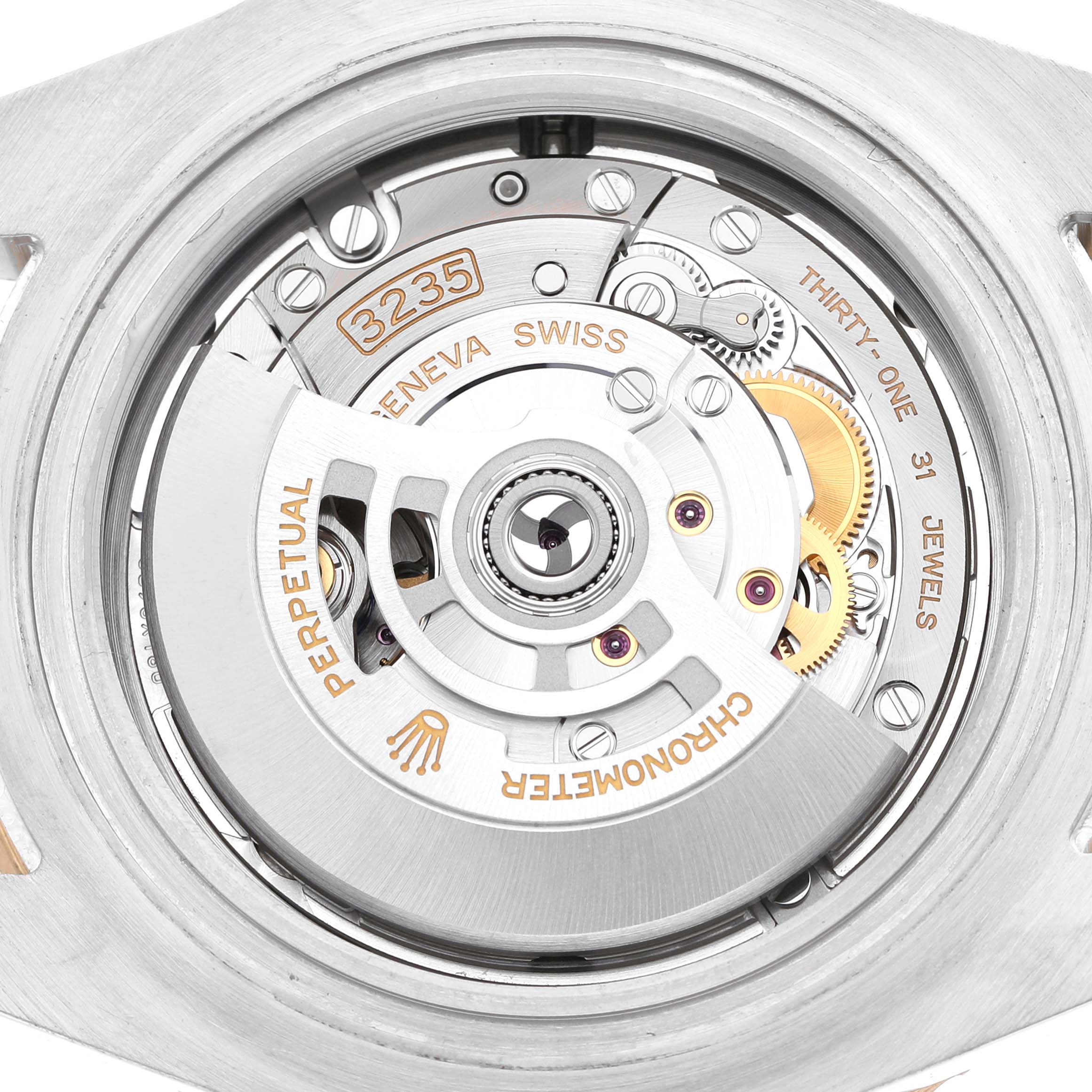 The image shows the back view of the Rolex Sea-Dweller M126603 Men's Steel and Gold (two tone) Black Dial's movement, highlighting its internal mechanics and rotor.