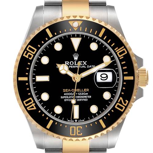 The Rolex Sea-Dweller M126603 Men's Steel and Gold (two tone) Black Dial watch is shown from a front angle, highlighting the dial, bezel, and partially visible bracelet and crown.