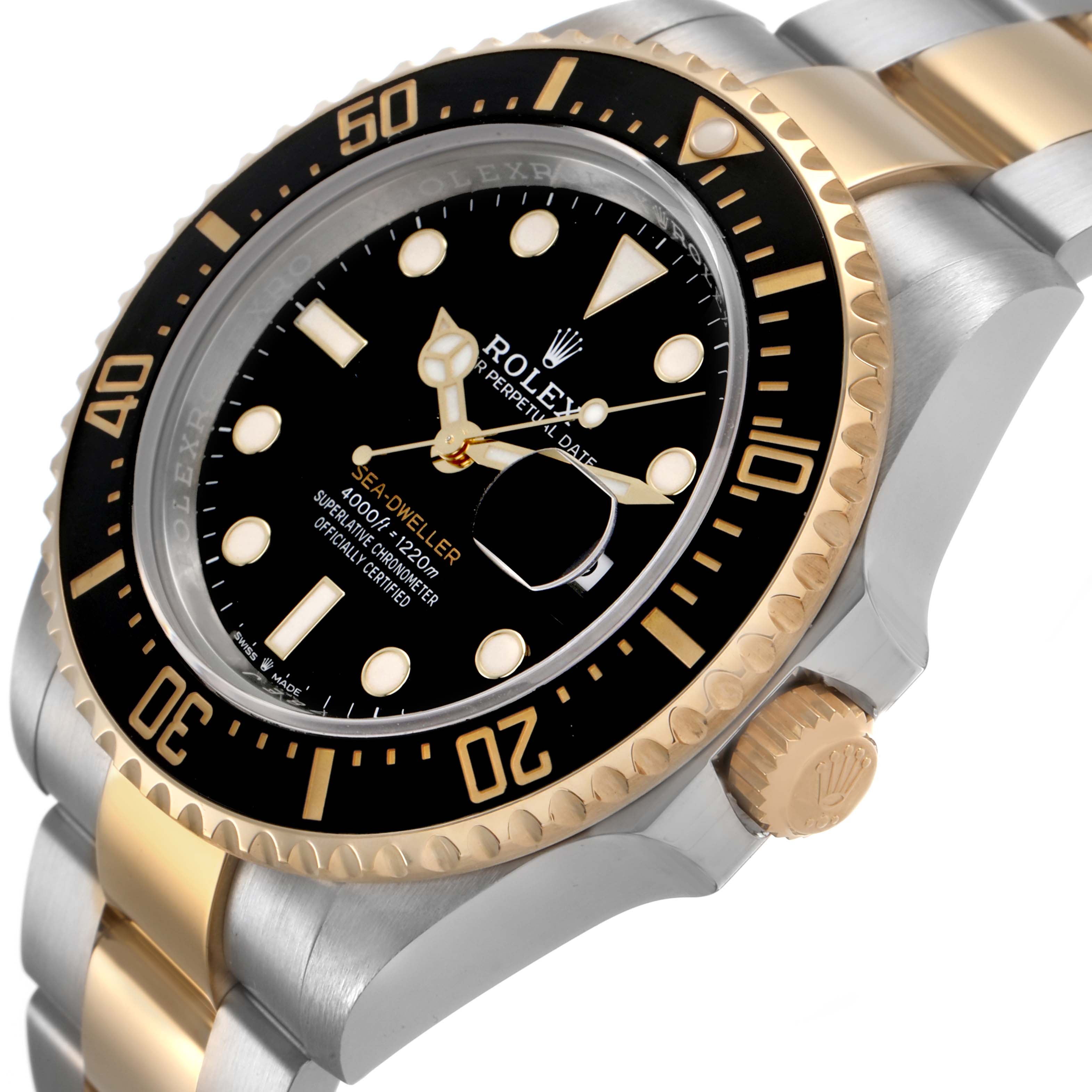 The Rolex Sea-Dweller M126603 Men's Steel and Gold (two tone) Black Dial watch is shown at an angle displaying the bezel, dial, crown, and part of the bracelet.